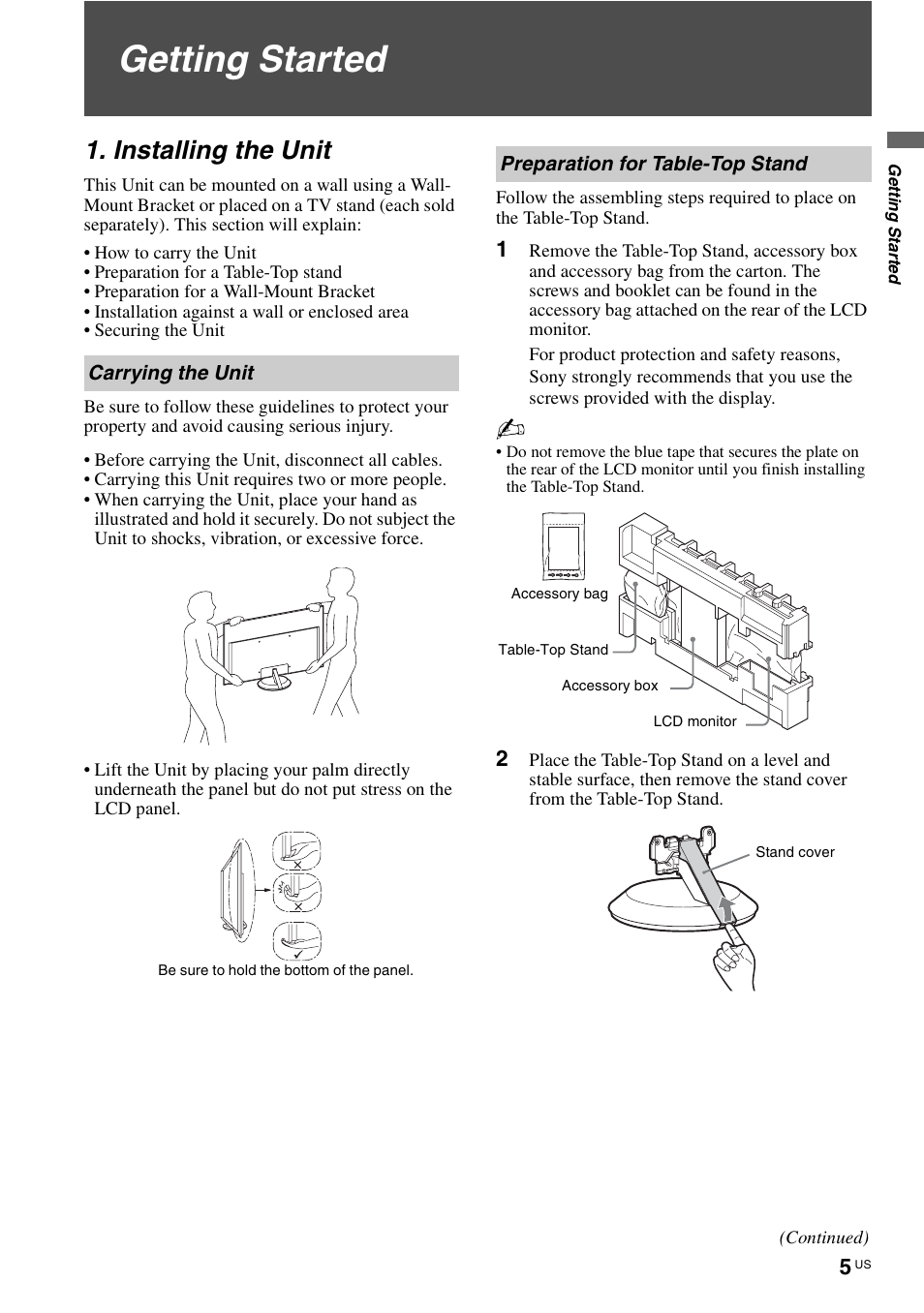 Getting started, Installing the unit, Carrying the unit | Preparation for table-top stand, Carrying the unit preparation for table-top stand | Sony KLV-40ZX1M User Manual | Page 5 / 87