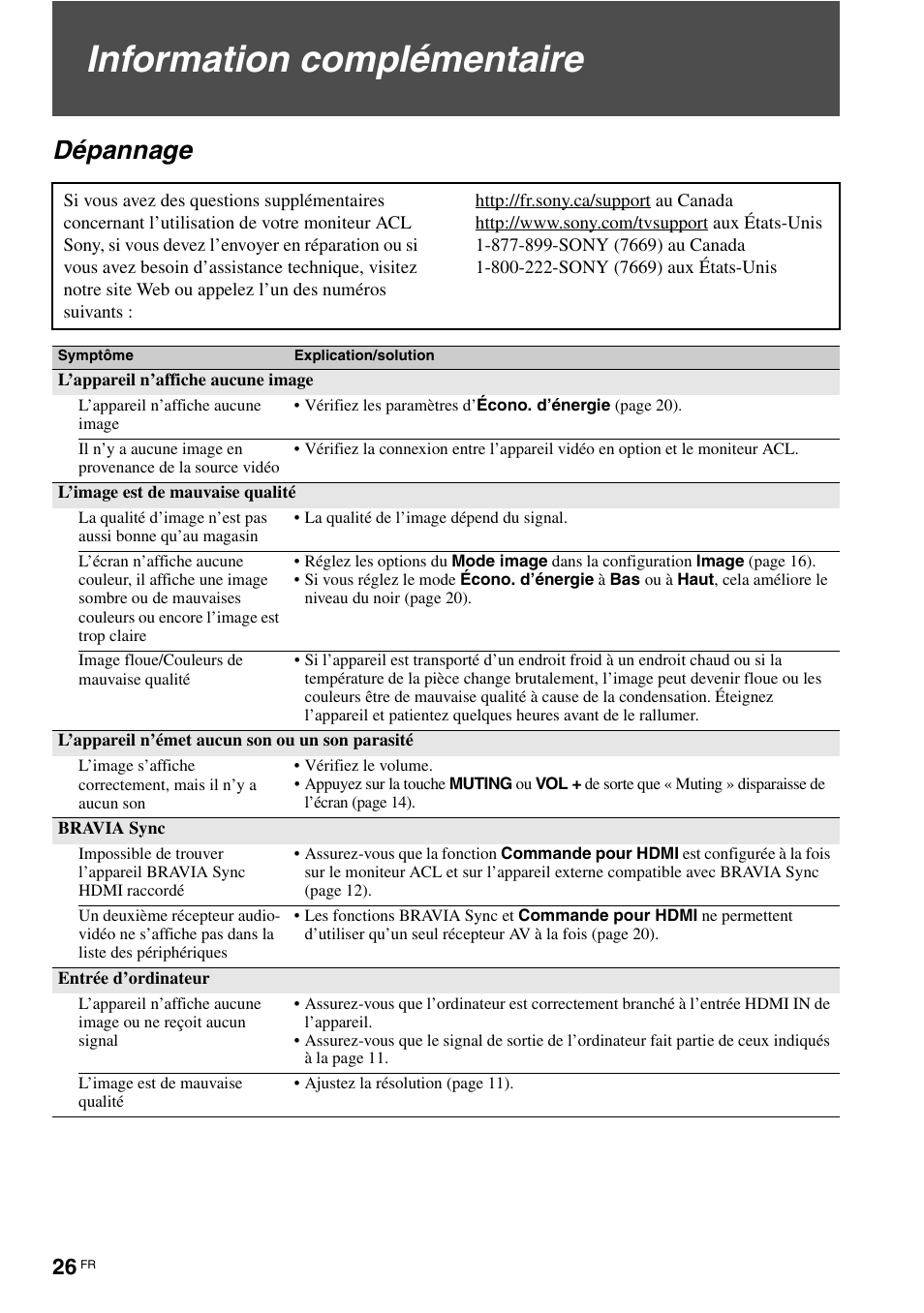 Information complémentaire, Dépannage | Sony KLV-40ZX1M User Manual | Page 54 / 87