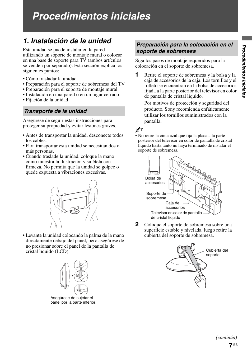 Procedimientos iniciales, Instalación de la unidad, Transporte de la unidad | Sony KLV-40ZX1M User Manual | Page 63 / 87