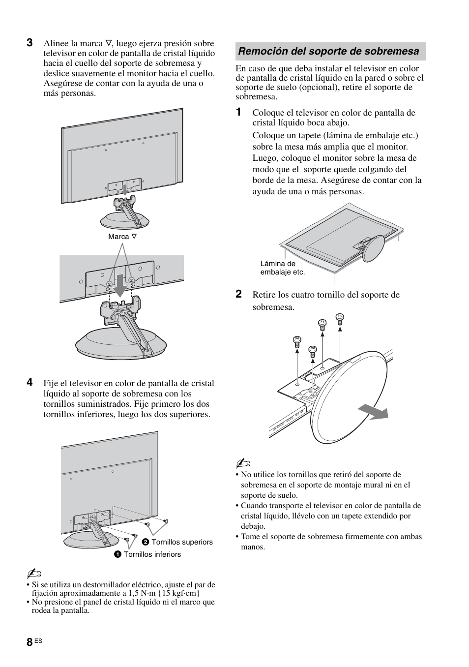 Remoción del soporte de sobremesa | Sony KLV-40ZX1M User Manual | Page 64 / 87