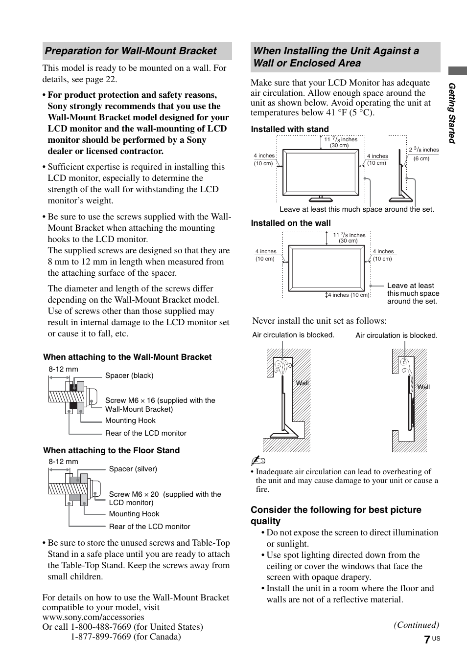 Preparation for wall-mount bracket, Never install the unit set as follows, Continued) | Sony KLV-40ZX1M User Manual | Page 7 / 87