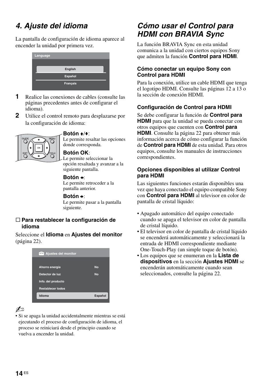 Ajuste del idioma, Cómo usar el control para hdmi con bravia sync | Sony KLV-40ZX1M User Manual | Page 70 / 87