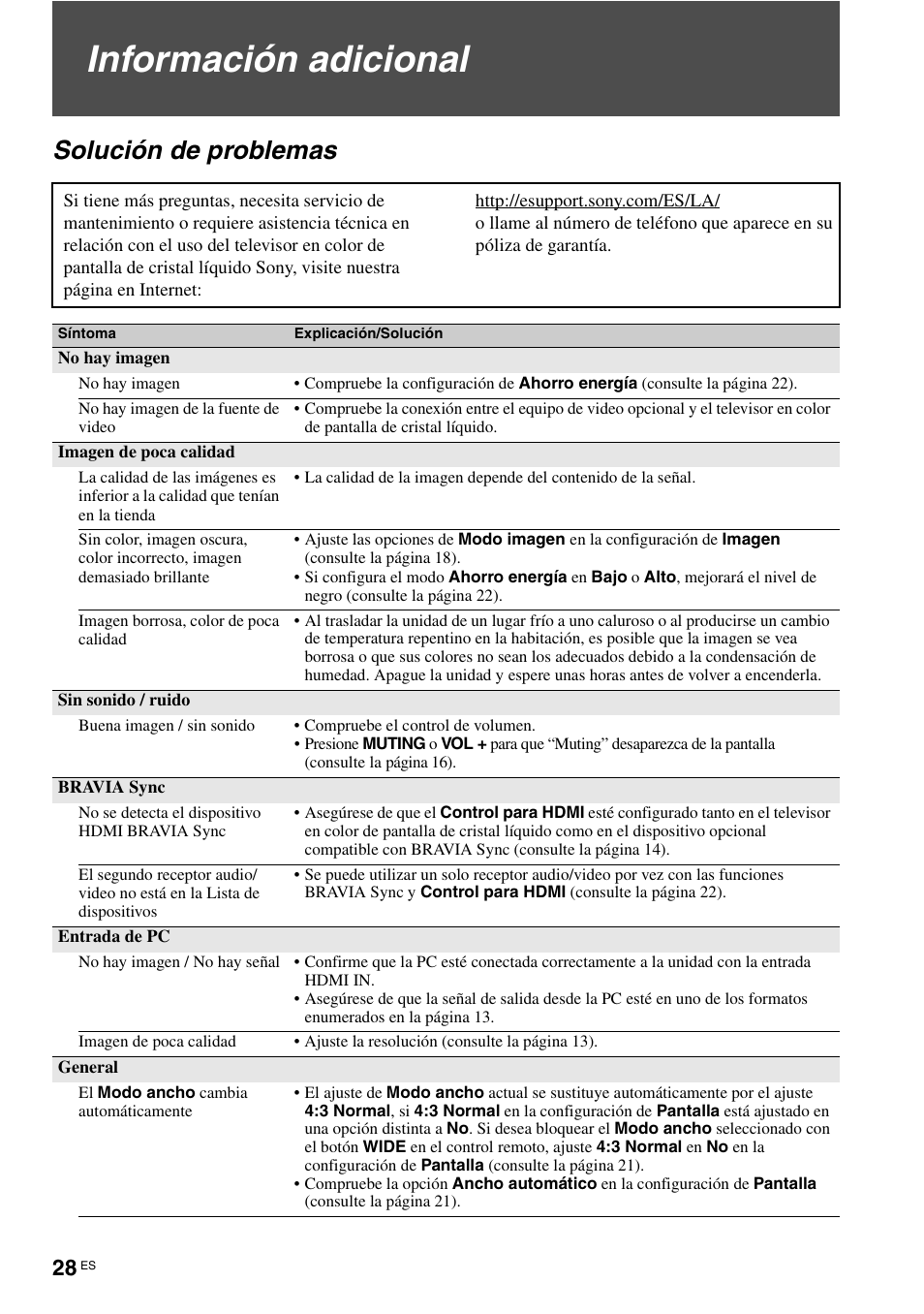 Información adicional, Solución de problemas | Sony KLV-40ZX1M User Manual | Page 84 / 87
