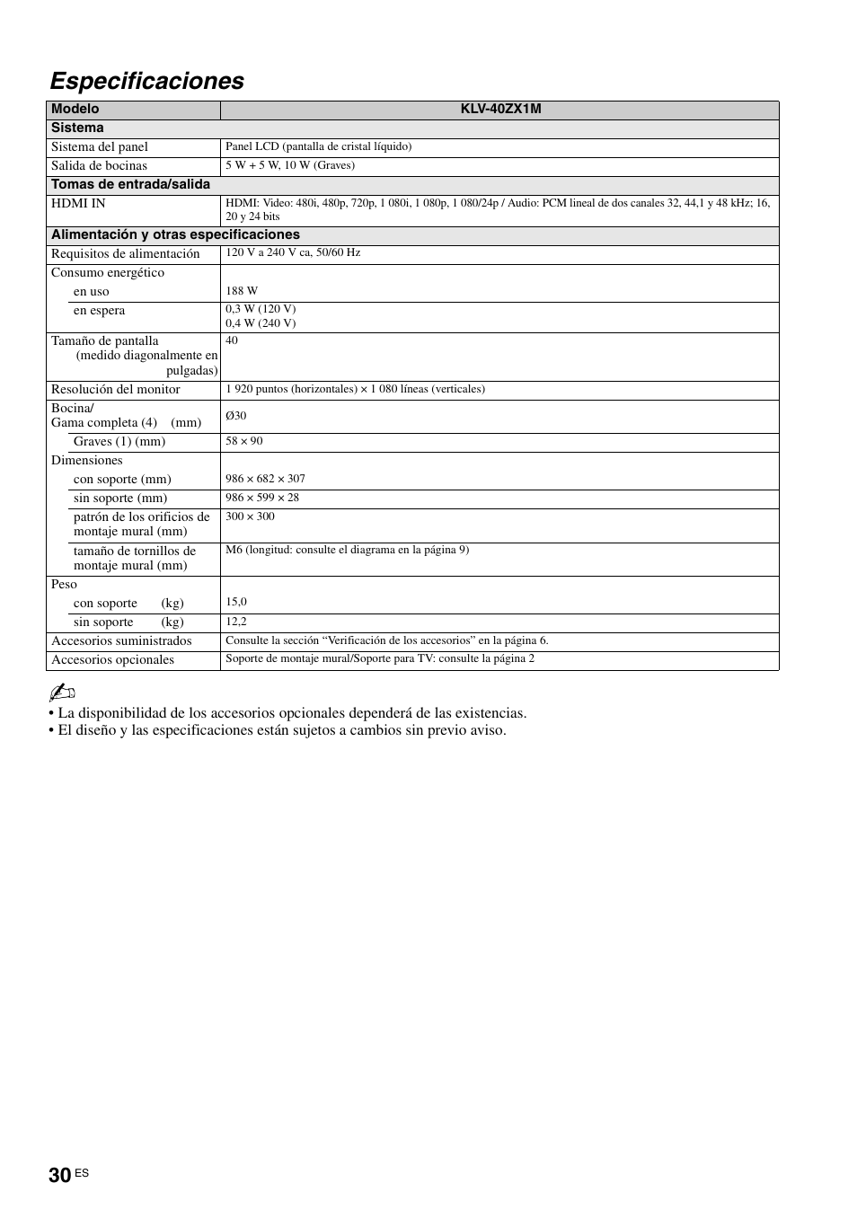 Especificaciones | Sony KLV-40ZX1M User Manual | Page 86 / 87