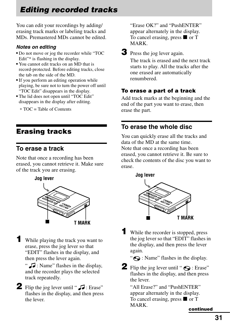 Editing recorded tracks, Erasing tracks, To erase a track to erase the whole disc | Sony MZ-R90 User Manual | Page 31 / 56