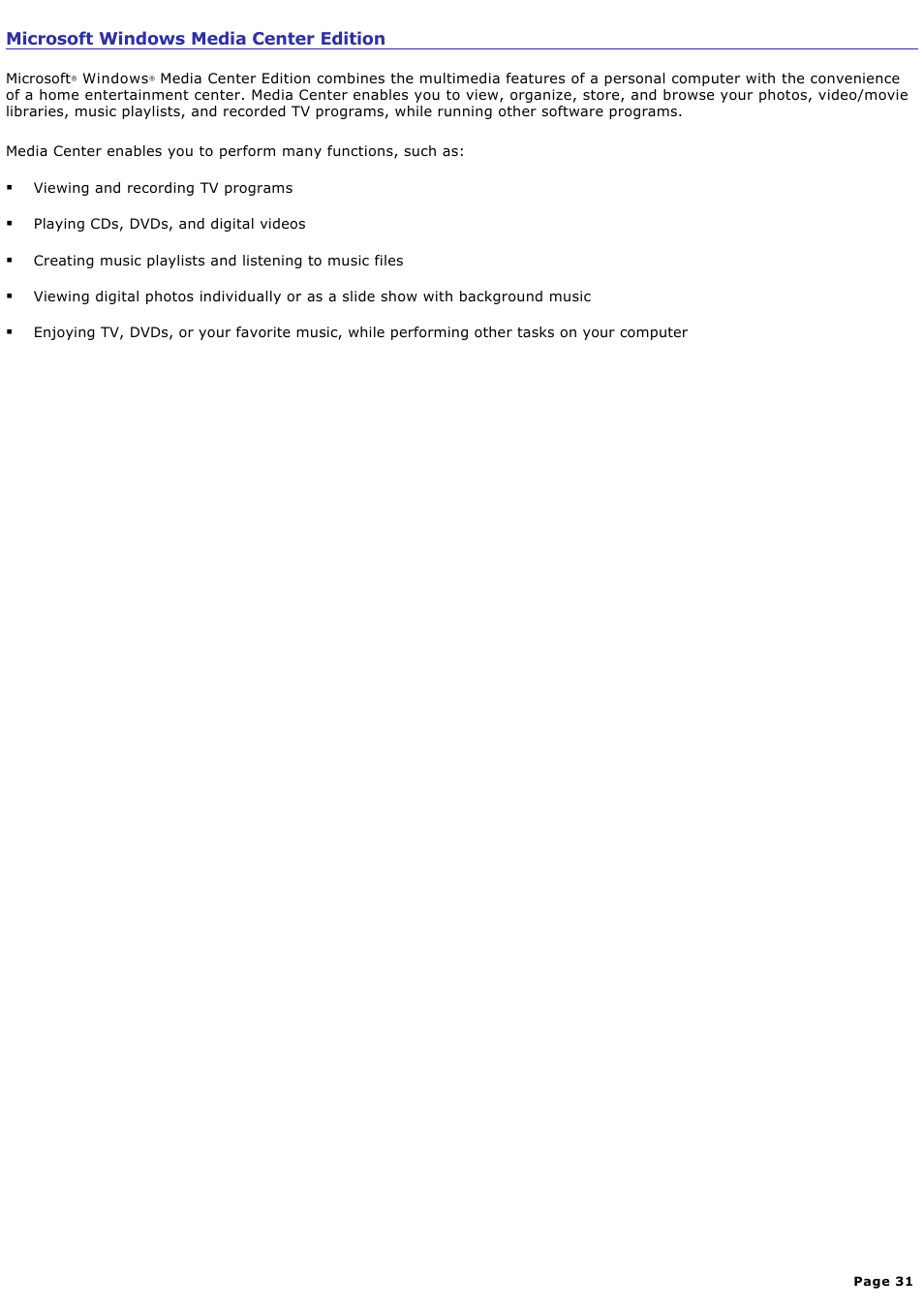 Microsoft windows media center edition | Sony PCV-RZ46G User Manual | Page 31 / 229