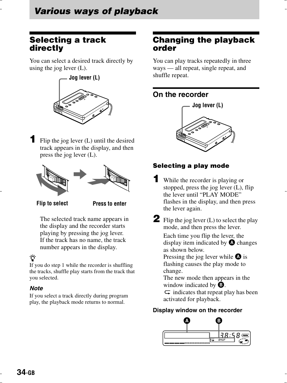Various ways of playback, Selecting a track directly, Changing the playback order | On the recorder, Tion (3 | Sony MZ-R900 User Manual | Page 34 / 212
