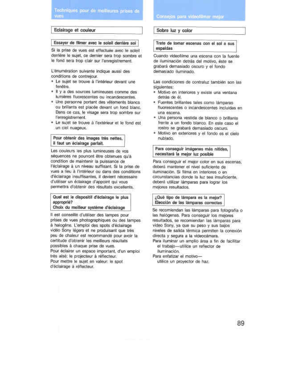 Тш (l* тешж* ptkm d, Есшгедв et oxdeur, Une personne portant des vêtements uancs | D’éctairage é léfiocteur, Fuentes orillantes tales como lamparas | Sony CCD-F36 User Manual | Page 117 / 156