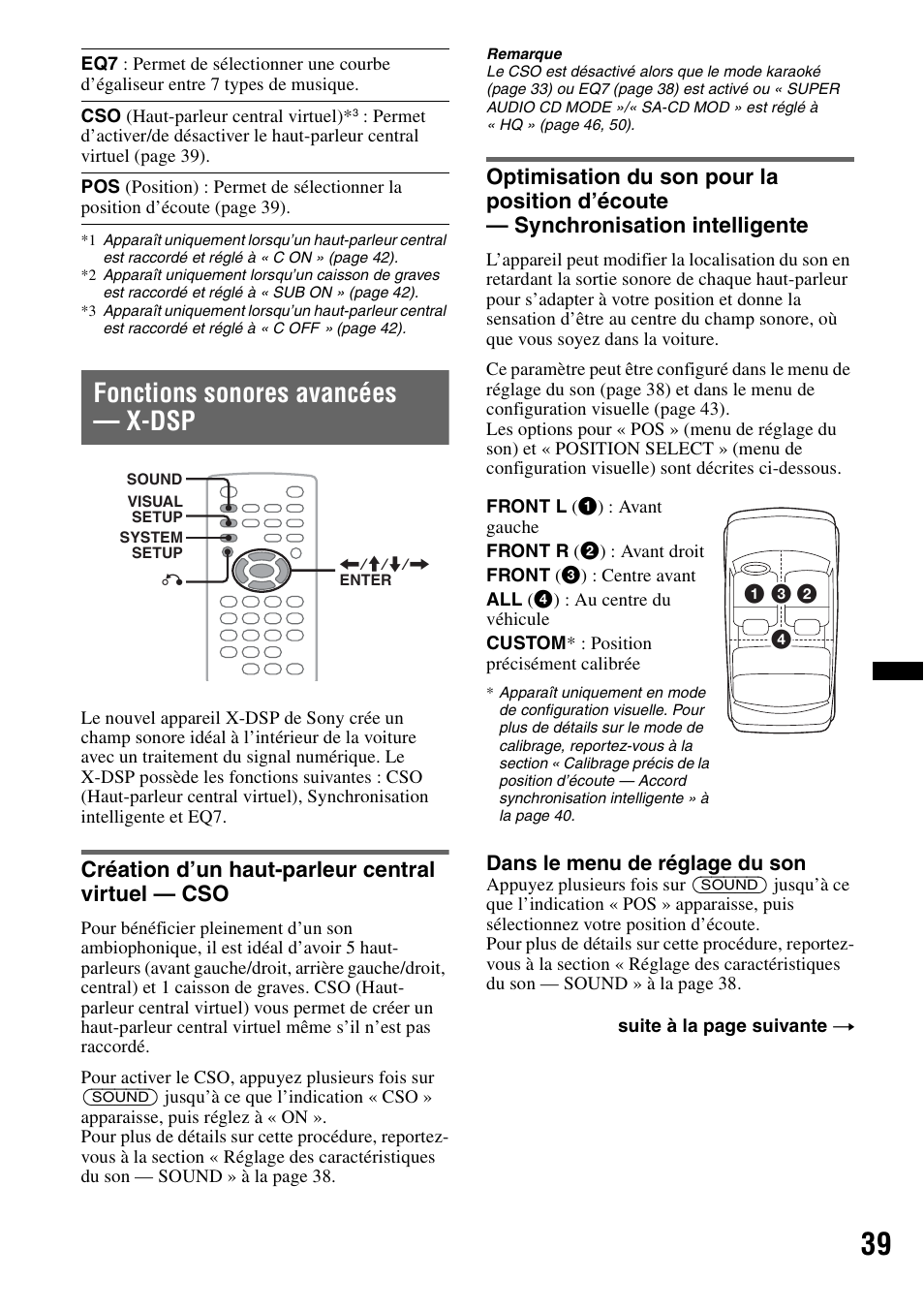 Fonctions sonores avancées - x-dsp, Création d’un haut-parleur central virtuel - cso, Fonctions sonores avancées — x-dsp | Création d’un haut-parleur central virtuel — cso | Sony MEX-DV2200 User Manual | Page 101 / 192