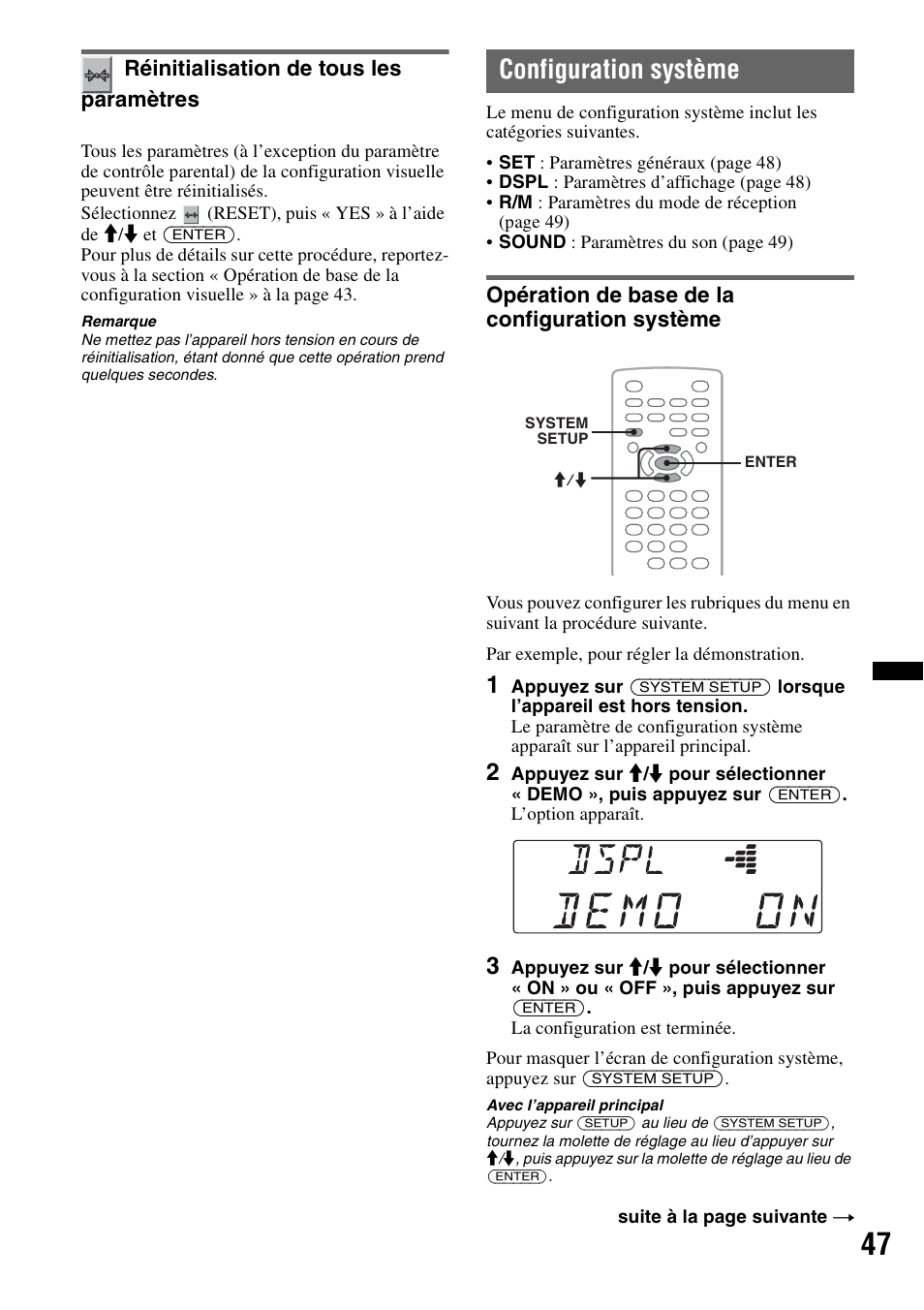 Réinitialisation de tous les paramètres, Configuration système, Opération de base de la configuration système | E réinitia | Sony MEX-DV2200 User Manual | Page 109 / 192