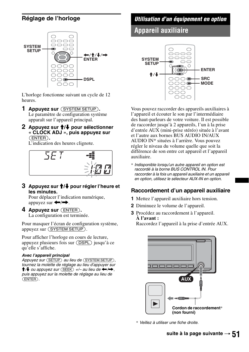 Réglage de l’horloge, Utilisation d’un équipement en option, Appareil auxiliaire | Utilisation d’un équipement en, Option | Sony MEX-DV2200 User Manual | Page 113 / 192