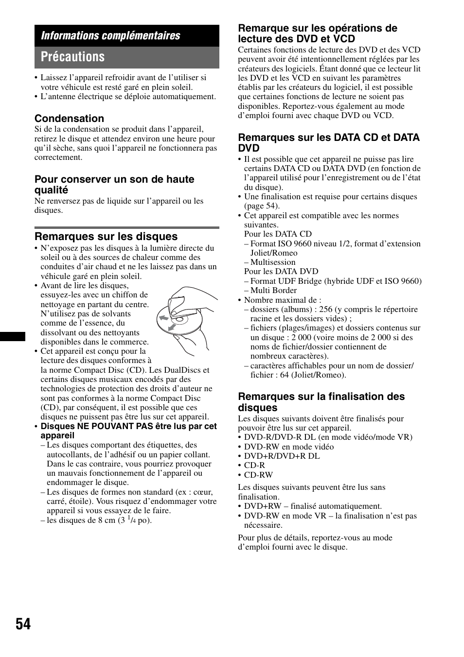 Informations complémentaires, Précautions, Remarques sur les disques | Sony MEX-DV2200 User Manual | Page 116 / 192
