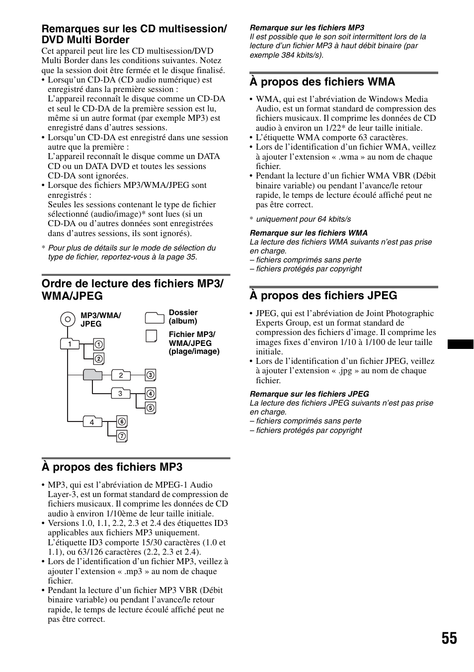 Ordre de lecture des fichiers mp3/ wma/jpeg, À propos des fichiers mp3, À propos des fichiers wma | À propos des fichiers jpeg | Sony MEX-DV2200 User Manual | Page 117 / 192