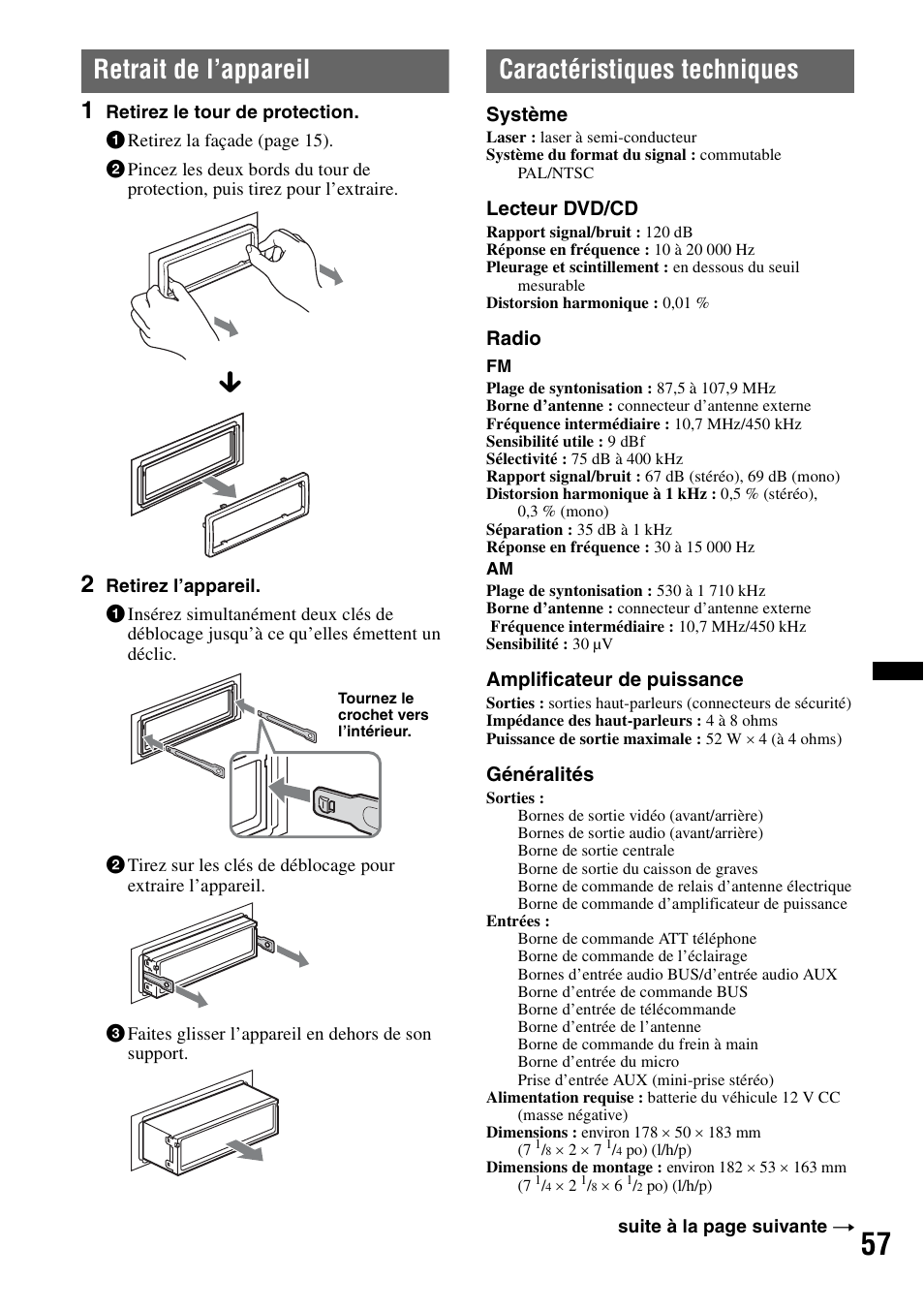 Retrait de l’appareil, Caractéristiques techniques | Sony MEX-DV2200 User Manual | Page 119 / 192