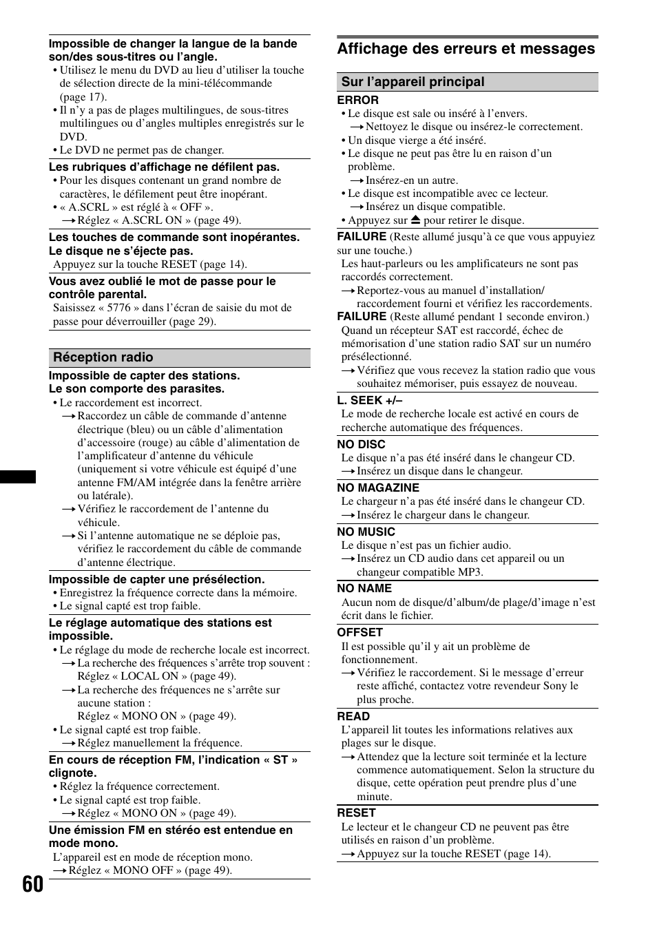 Affichage des erreurs et messages | Sony MEX-DV2200 User Manual | Page 122 / 192