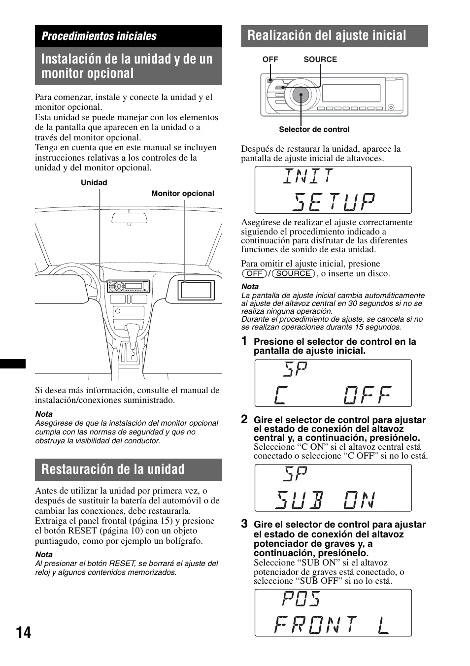 Procedimientos iniciales, Instalación de la unidad y de un monitor opcional, Restauración de la unidad | Realización del ajuste inicial | Sony MEX-DV2200 User Manual | Page 140 / 192
