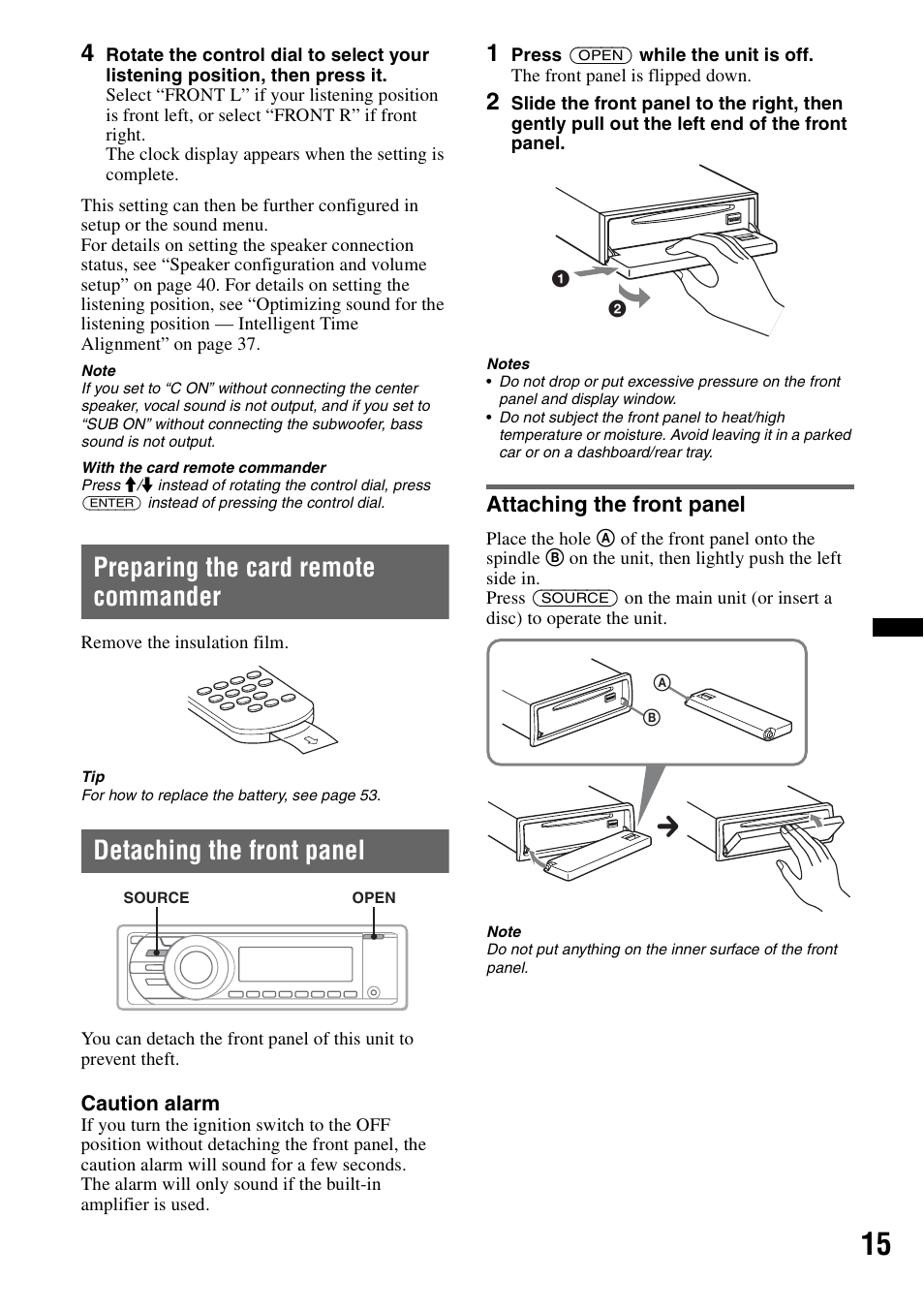 Preparing the card remote commander, Detaching the front panel, Attaching the front panel | Sony MEX-DV2200 User Manual | Page 15 / 192