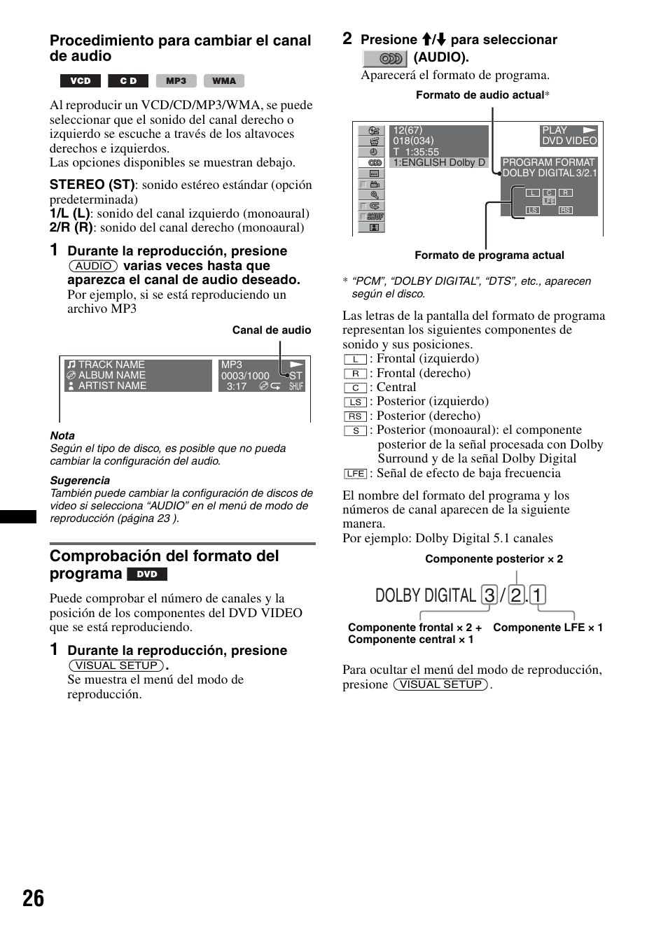 Comprobación del formato del programa, Dolby digital 3 / 2, Procedimiento para cambiar el canal de audio | Sony MEX-DV2200 User Manual | Page 152 / 192