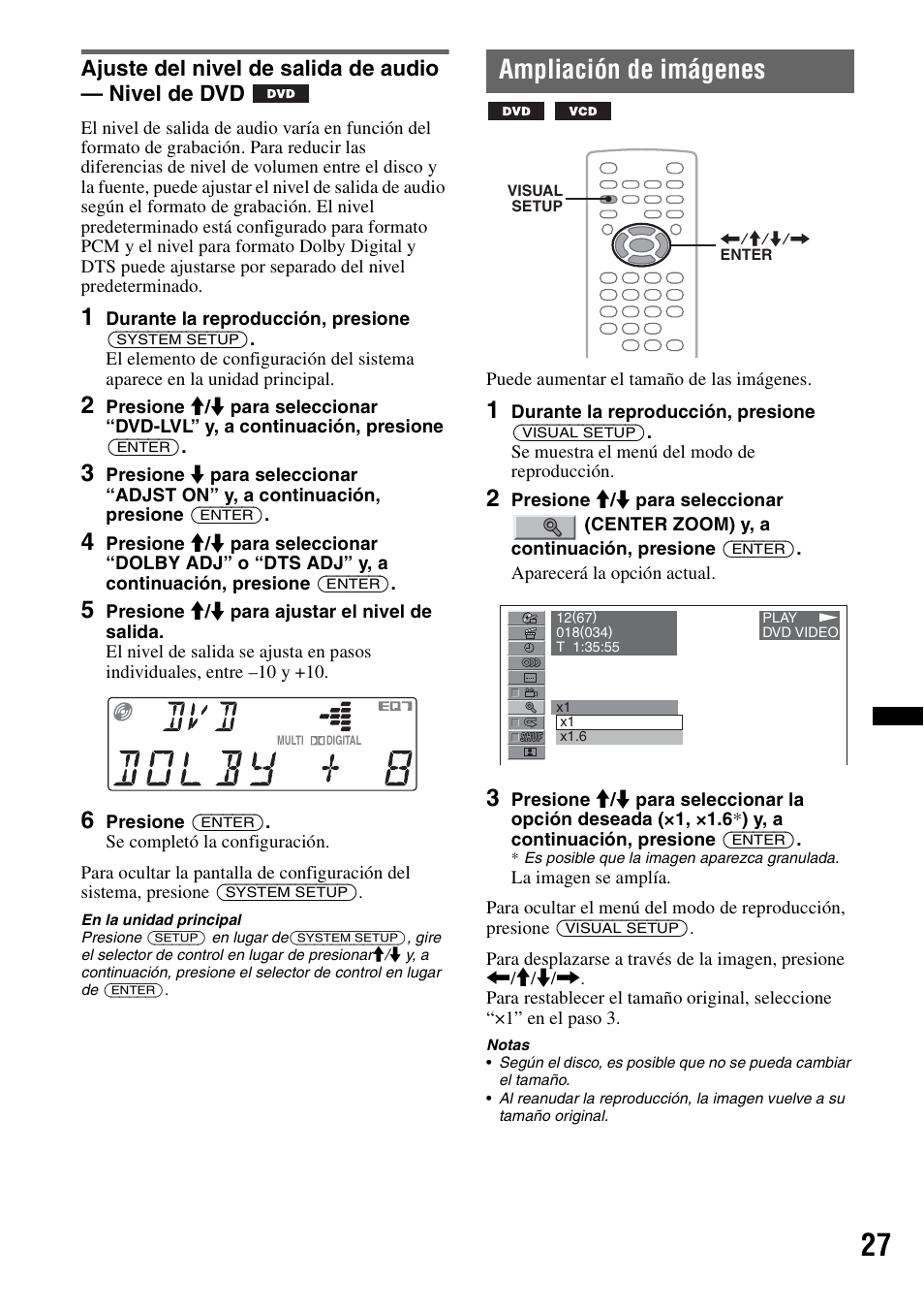 Ajuste del nivel de salida de audio - nivel de dvd, Ampliación de imágenes, Ajuste del nivel de salida de audio — nivel de dvd | Zoom 27 | Sony MEX-DV2200 User Manual | Page 153 / 192