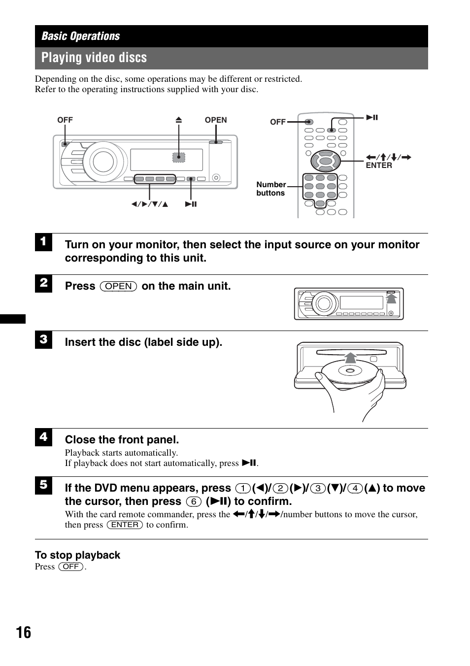 Basic operations, Playing video discs | Sony MEX-DV2200 User Manual | Page 16 / 192