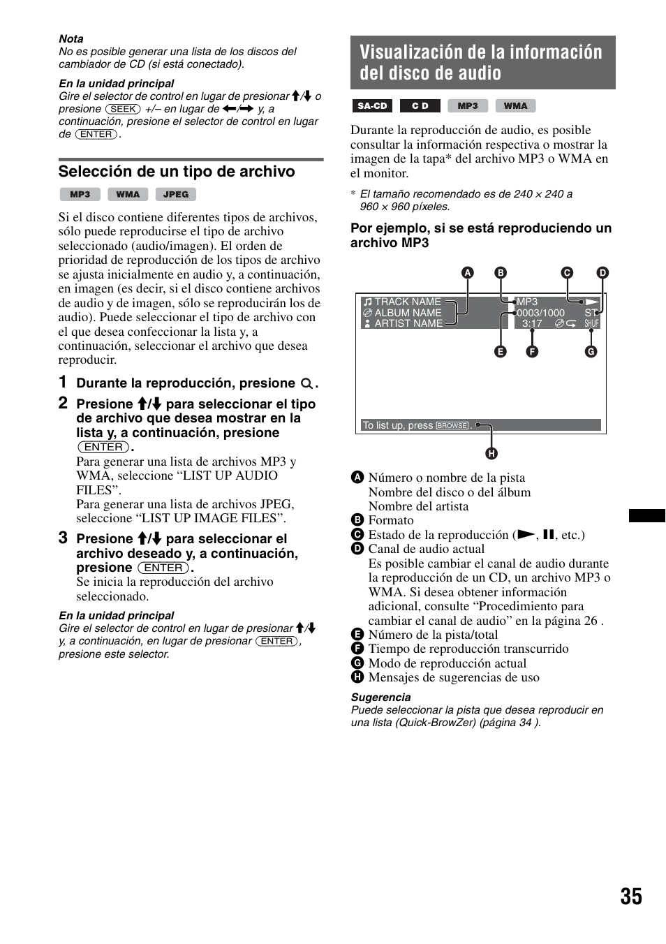 Selección de un tipo de archivo, Visualización de la información del disco de audio, A 35 | Sony MEX-DV2200 User Manual | Page 161 / 192