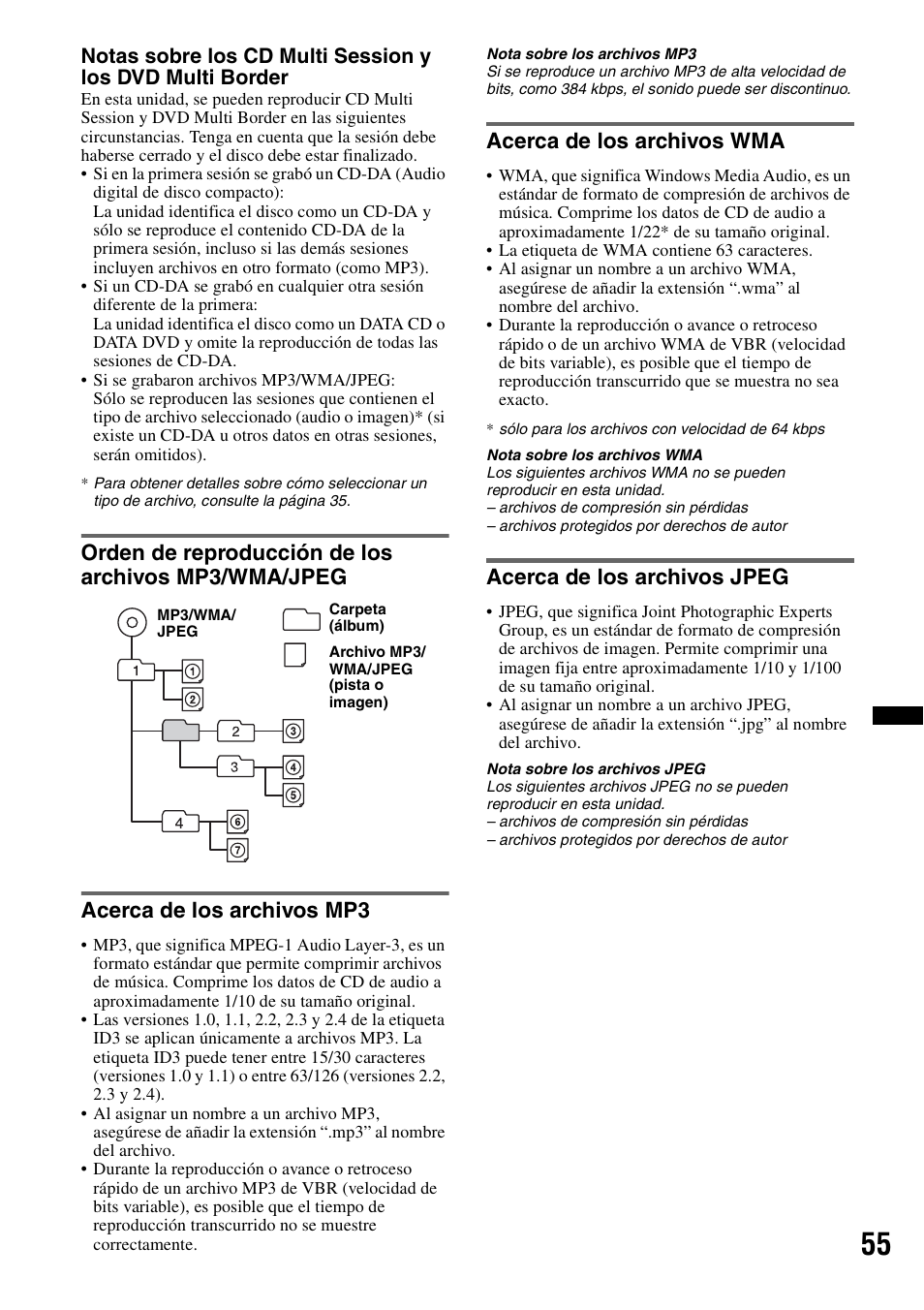 Orden de reproducción de los archivos mp3/wma/jpeg, Acerca de los archivos mp3, Acerca de los archivos wma | Acerca de los archivos jpeg | Sony MEX-DV2200 User Manual | Page 181 / 192