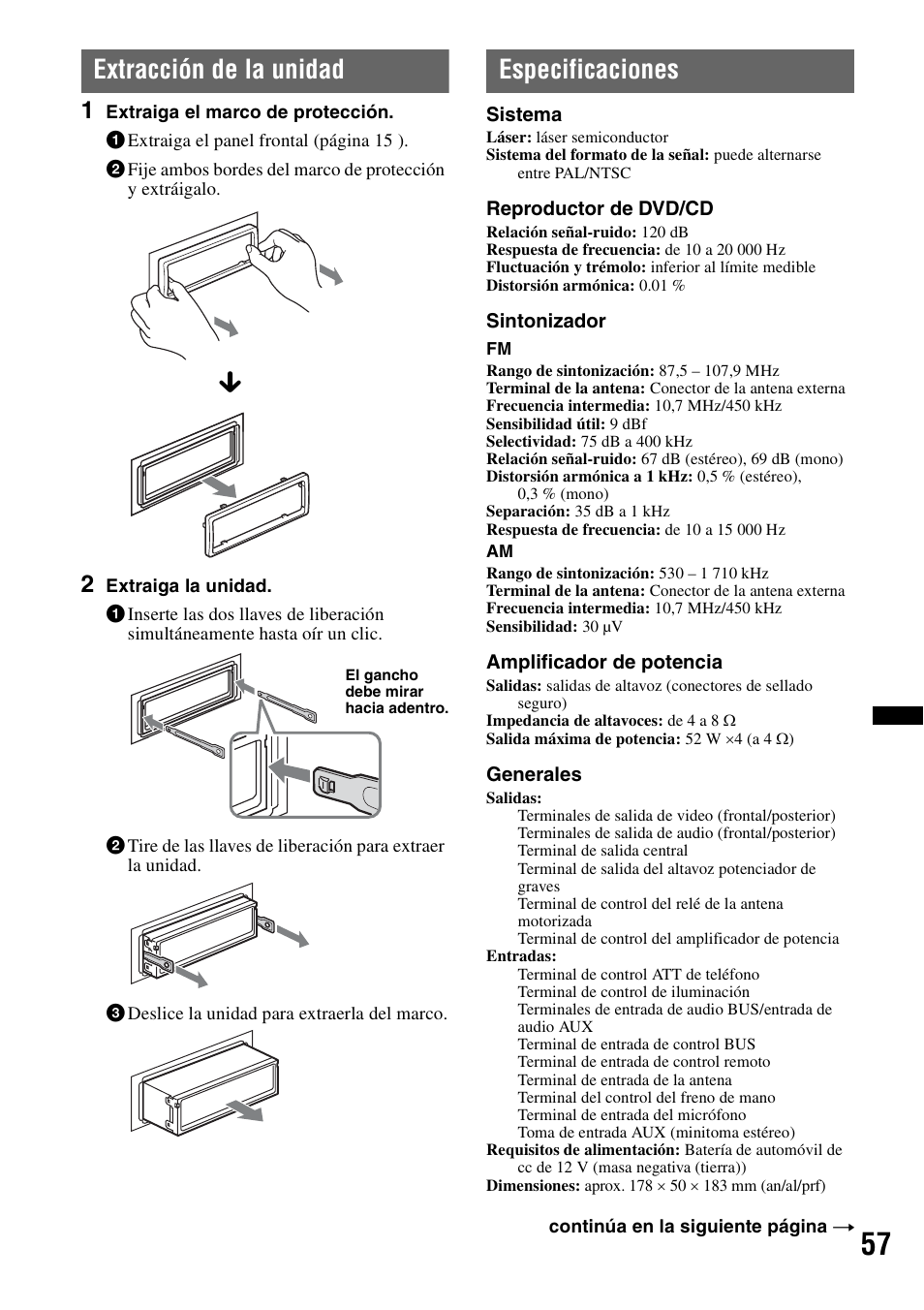 Extracción de la unidad, Especificaciones | Sony MEX-DV2200 User Manual | Page 183 / 192