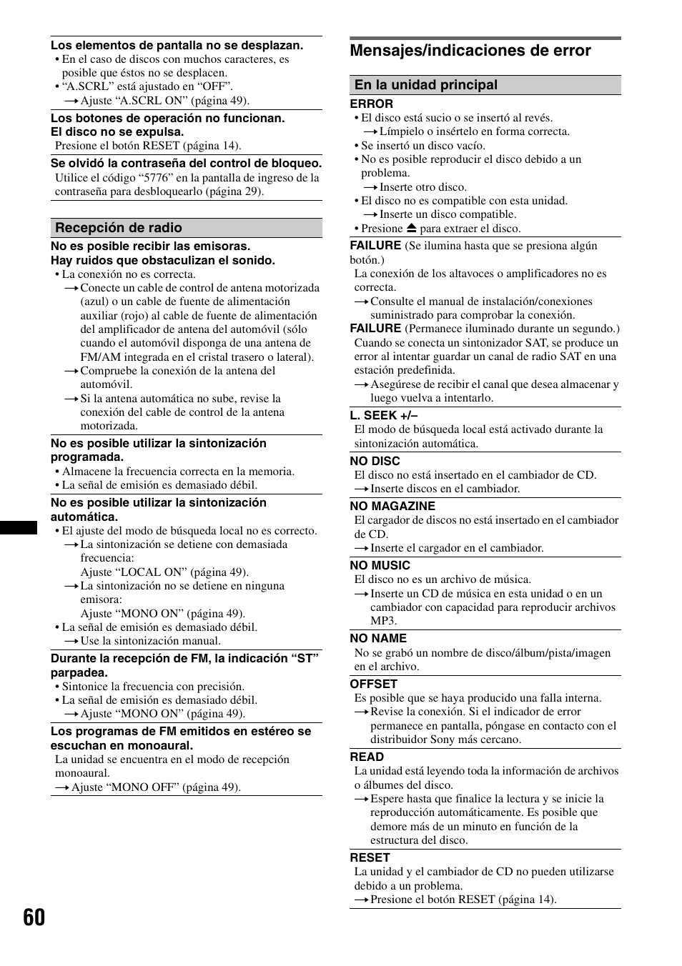 Mensajes/indicaciones de error | Sony MEX-DV2200 User Manual | Page 186 / 192