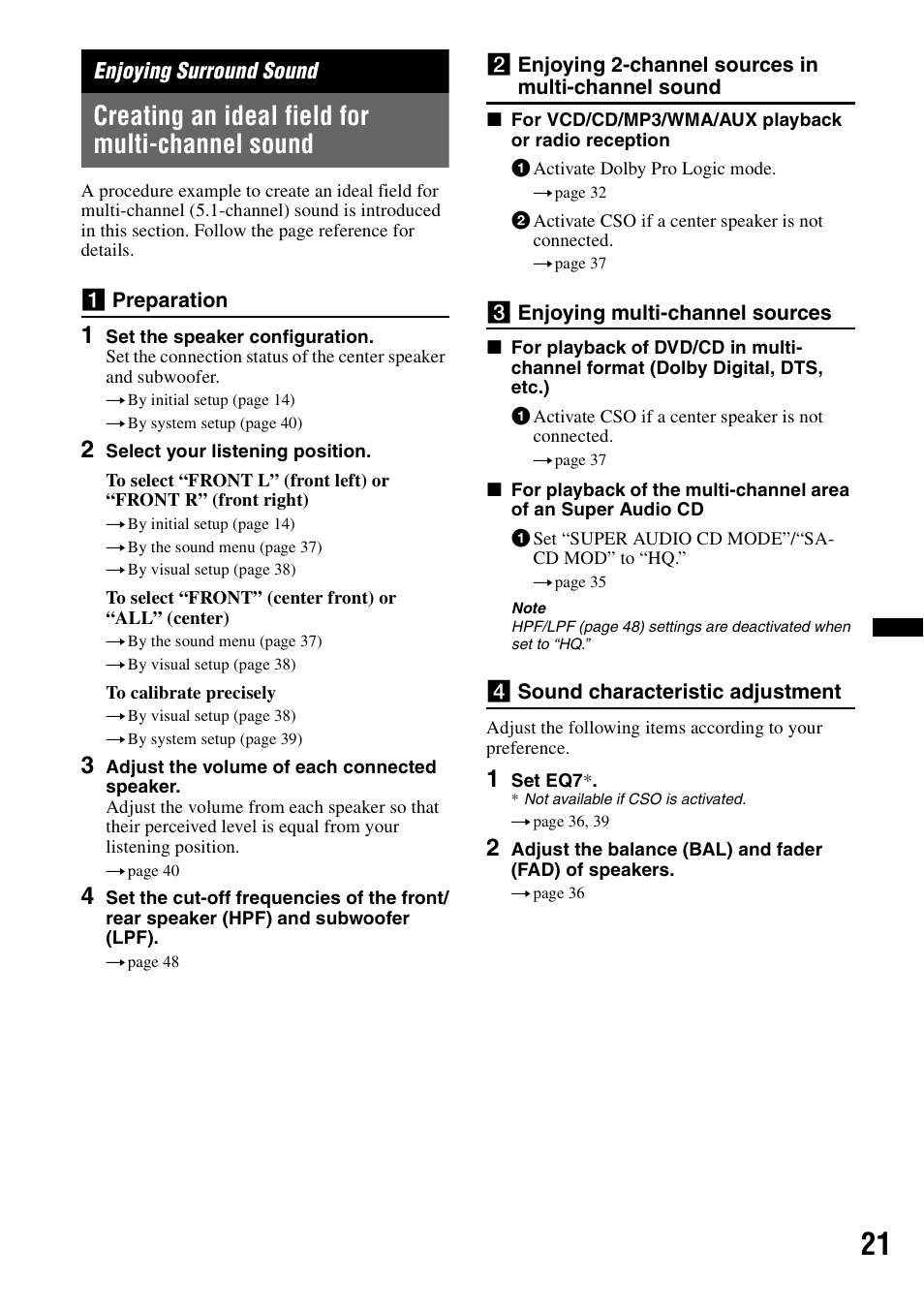 Enjoying surround sound, Creating an ideal field for multi-channel sound | Sony MEX-DV2200 User Manual | Page 21 / 192