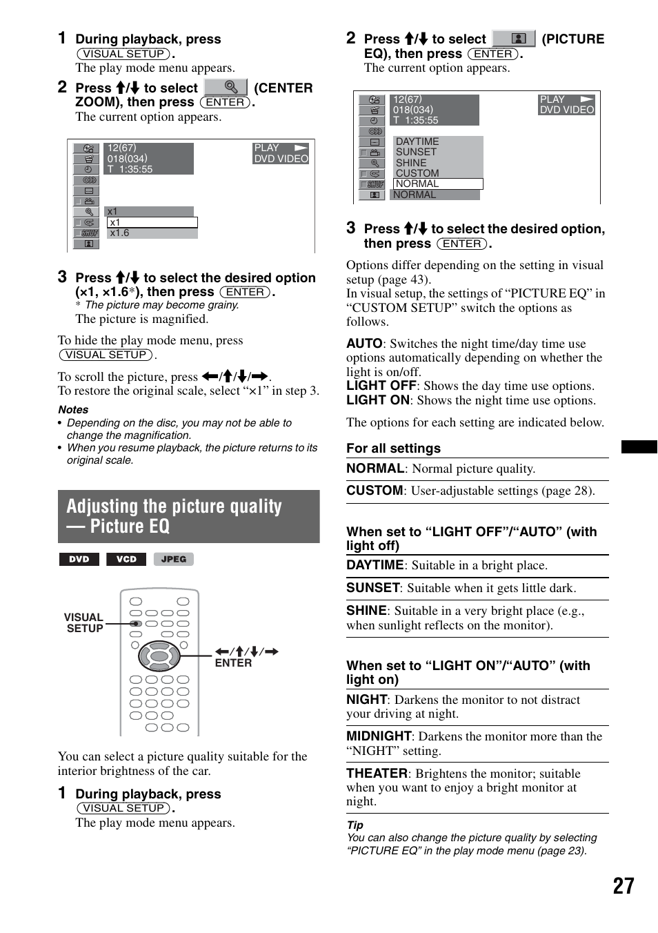 Adjusting the picture quality - picture eq, Adjusting the picture quality — picture eq, E eq 27 | Sony MEX-DV2200 User Manual | Page 27 / 192