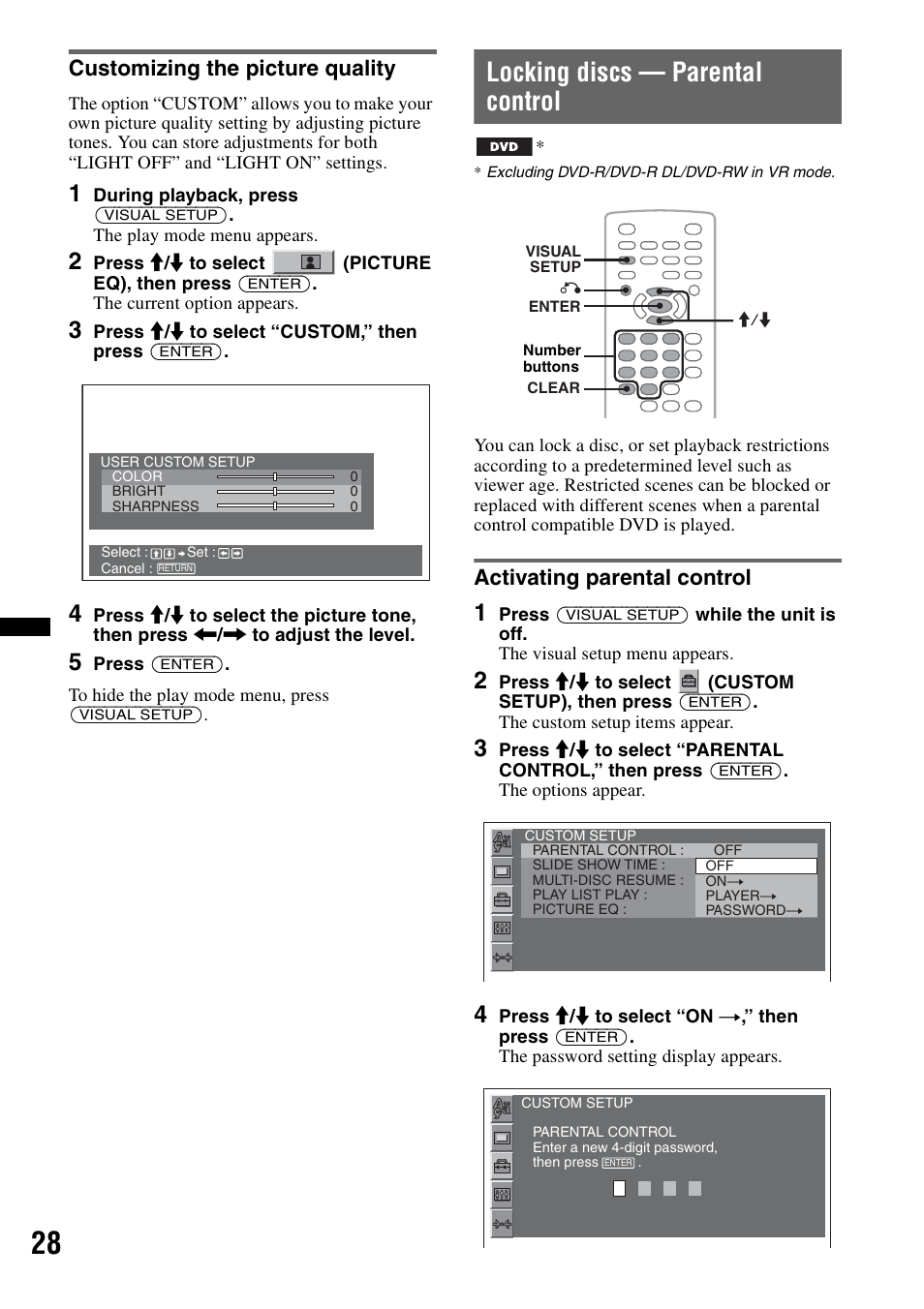 Customizing the picture quality, Locking discs - parental control, Activating parental control | Locking discs — parental control | Sony MEX-DV2200 User Manual | Page 28 / 192