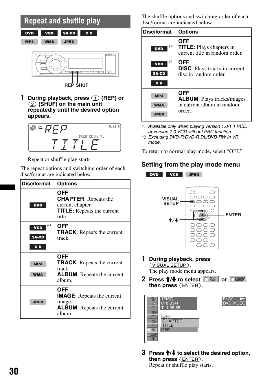 Repeat and shuffle play, E 30 | Sony MEX-DV2200 User Manual | Page 30 / 192