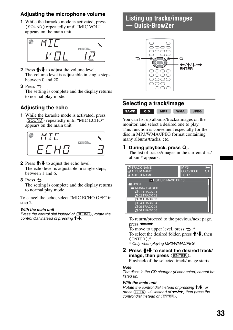 Listing up tracks/images - quick-browzer, Selecting a track/image, Listing up tracks/images — quick-browzer | Sony MEX-DV2200 User Manual | Page 33 / 192