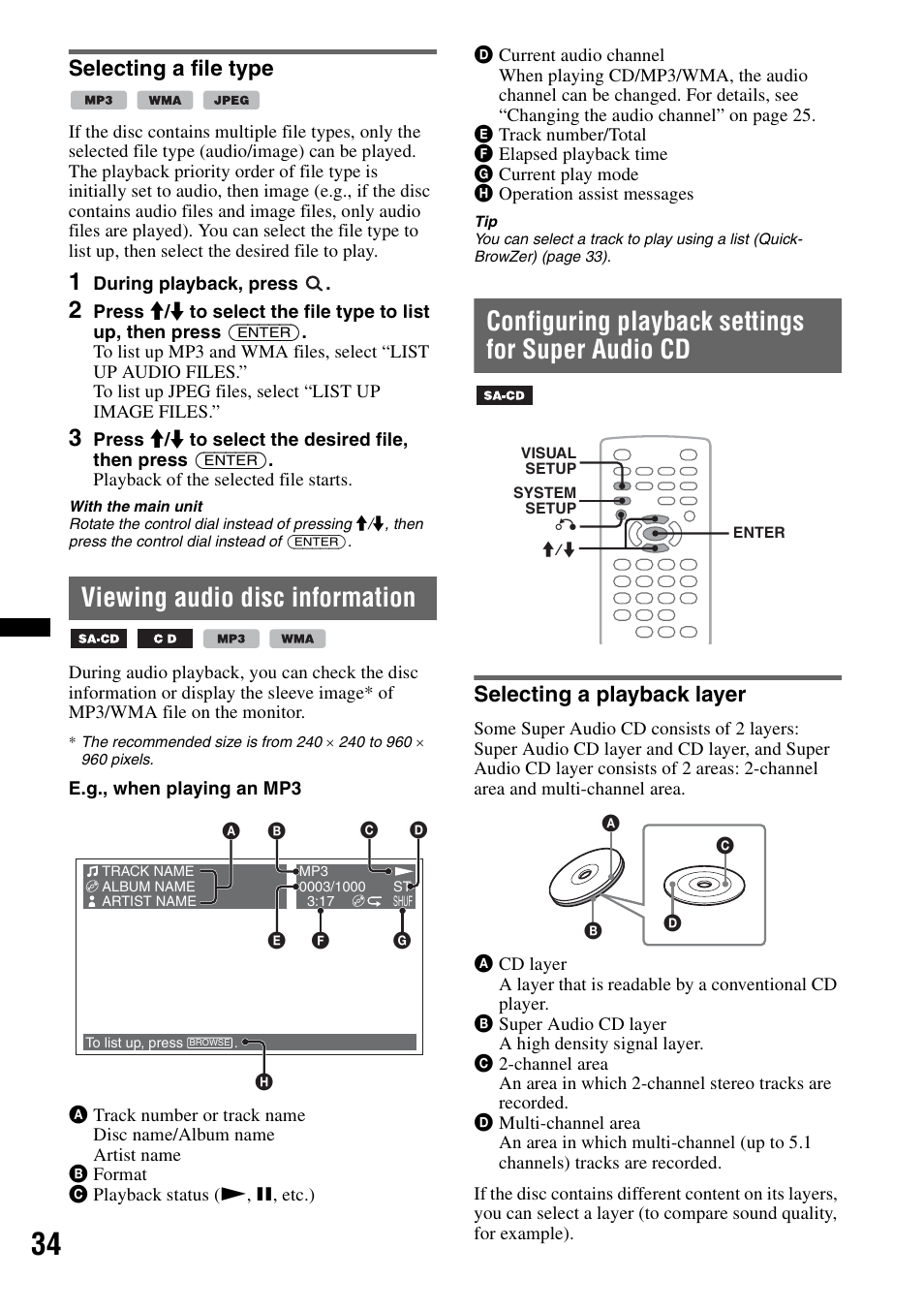 Selecting a file type, Viewing audio disc information, Configuring playback settings for super audio cd | Selecting a playback layer | Sony MEX-DV2200 User Manual | Page 34 / 192
