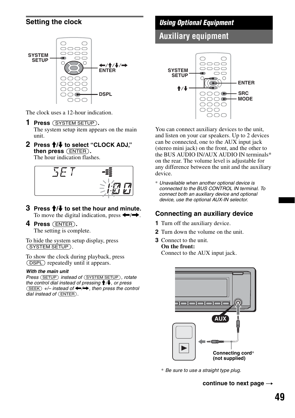 Setting the clock, Using optional equipment, Auxiliary equipment | Sony MEX-DV2200 User Manual | Page 49 / 192