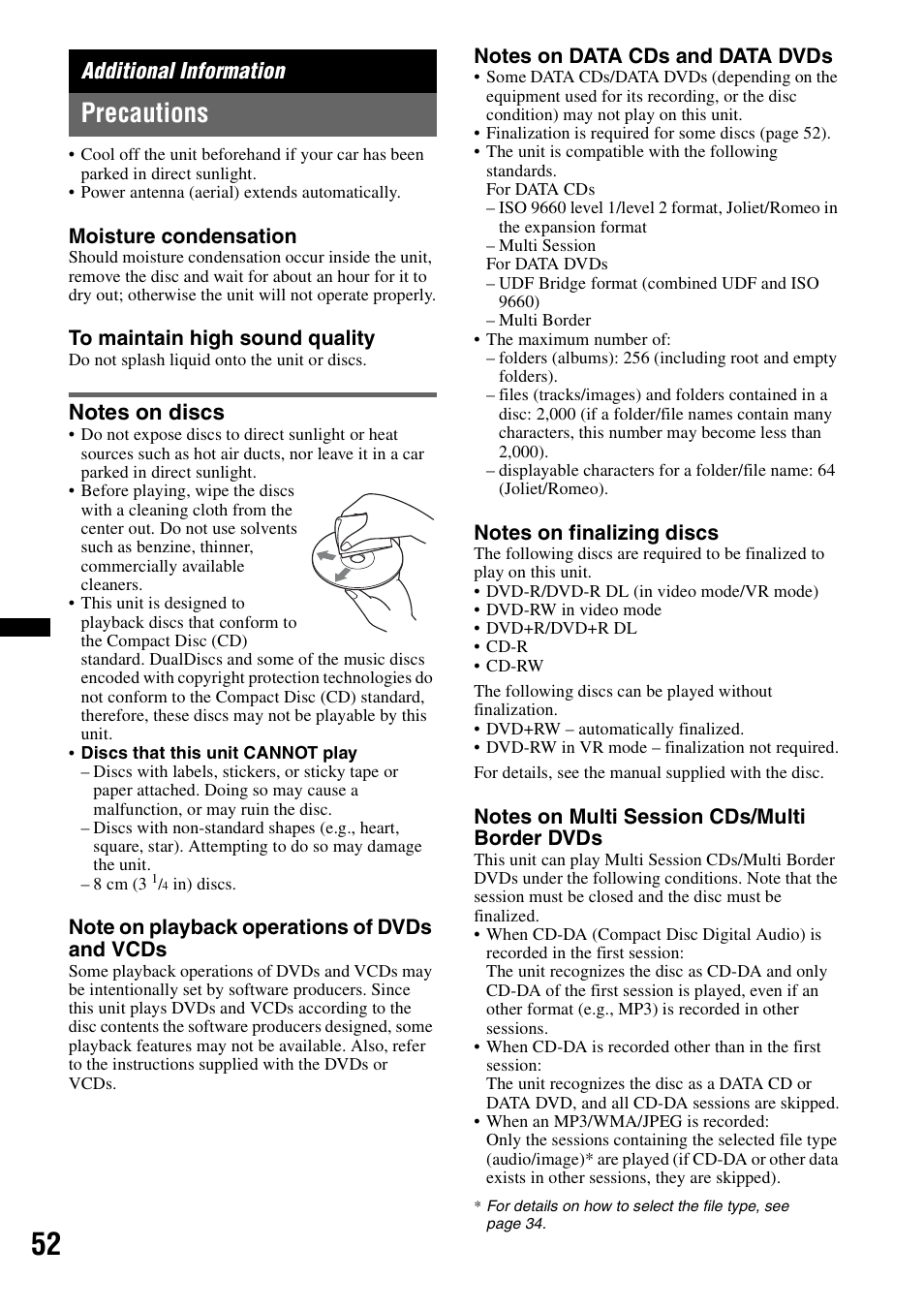 Additional information, Precautions, Notes on discs | Sony MEX-DV2200 User Manual | Page 52 / 192