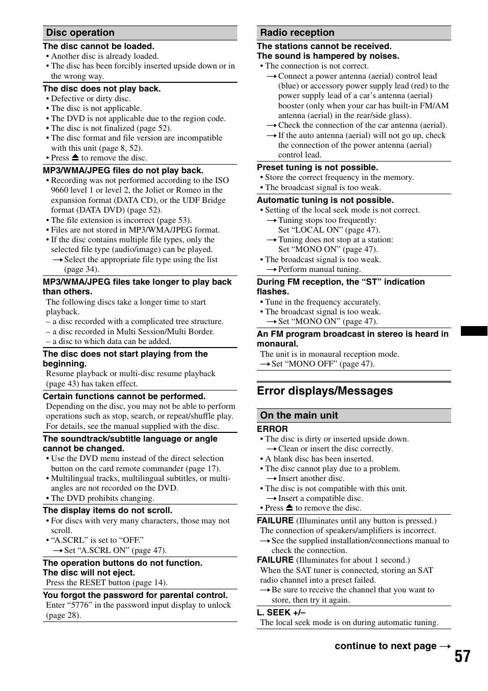 Error displays/messages | Sony MEX-DV2200 User Manual | Page 57 / 192