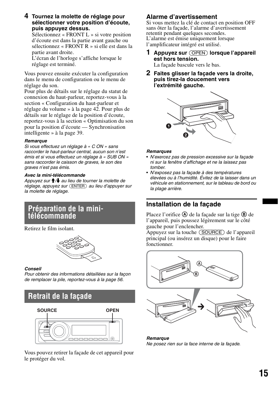 Préparation de la mini- télécommande, Retrait de la façade, Installation de la façade | Préparation de la mini-télécommande | Sony MEX-DV2200 User Manual | Page 77 / 192