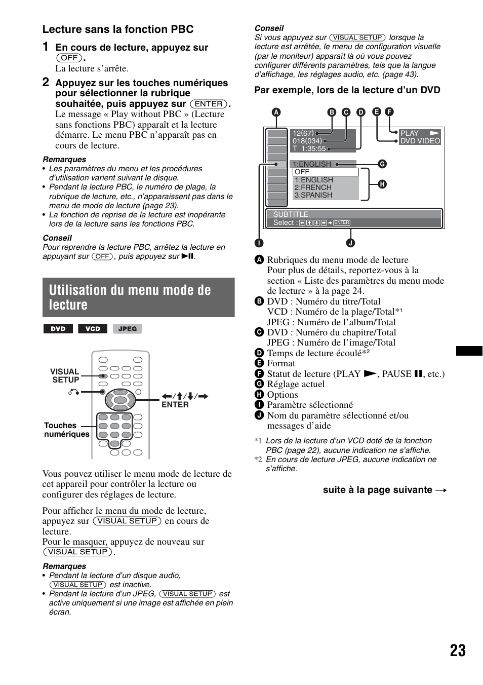 Utilisation du menu mode de lecture, Lecture sans la fonction pbc | Sony MEX-DV2200 User Manual | Page 85 / 192
