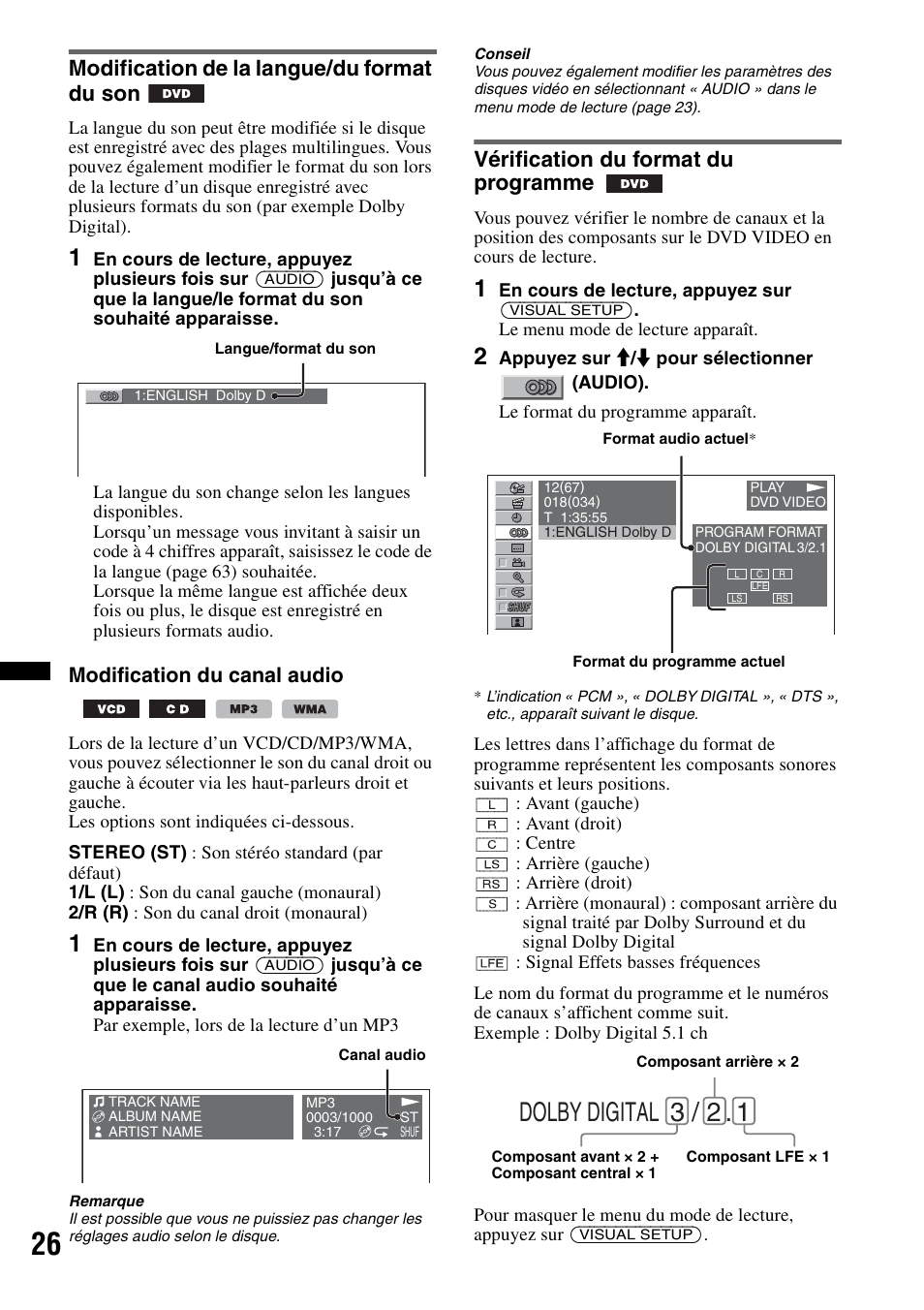 Modification de la langue/du format du son, Vérification du format du programme, Dolby digital 3 / 2 | Sony MEX-DV2200 User Manual | Page 88 / 192