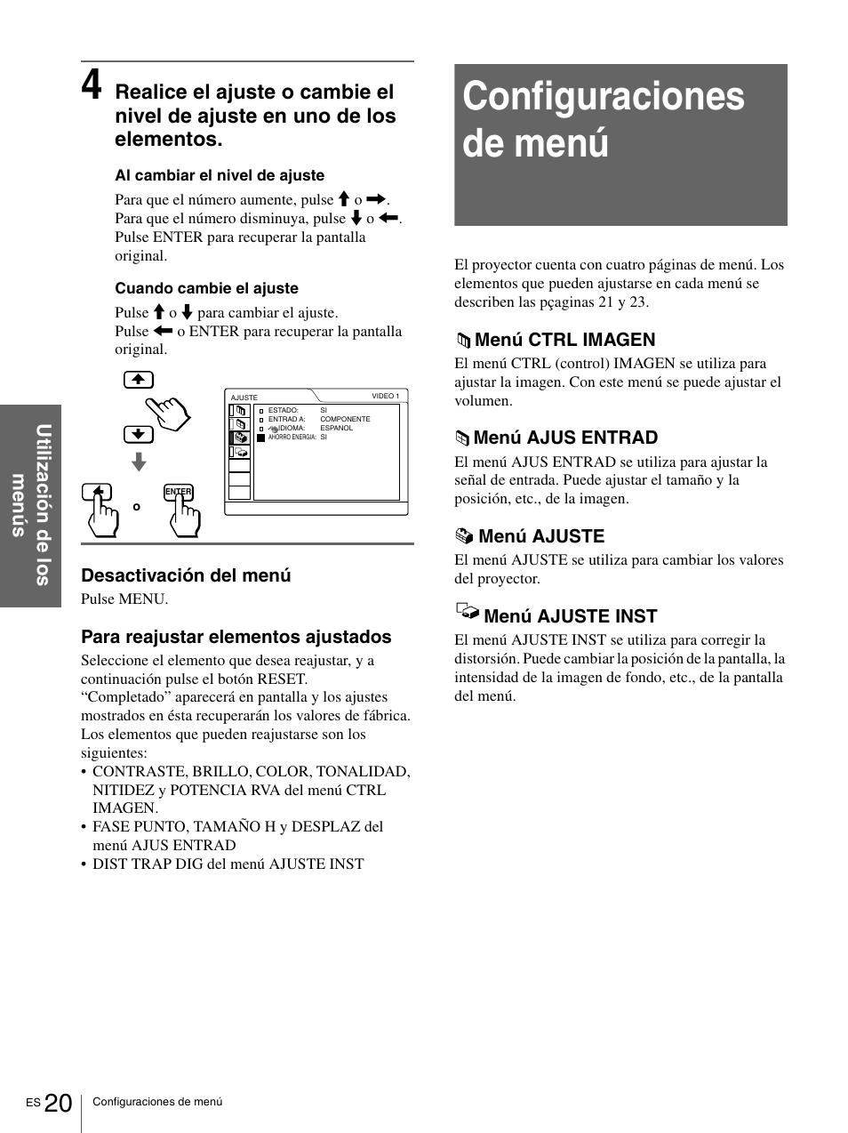 Configuraciones de menú | Sony VPL-HS1 User Manual | Page 116 / 152