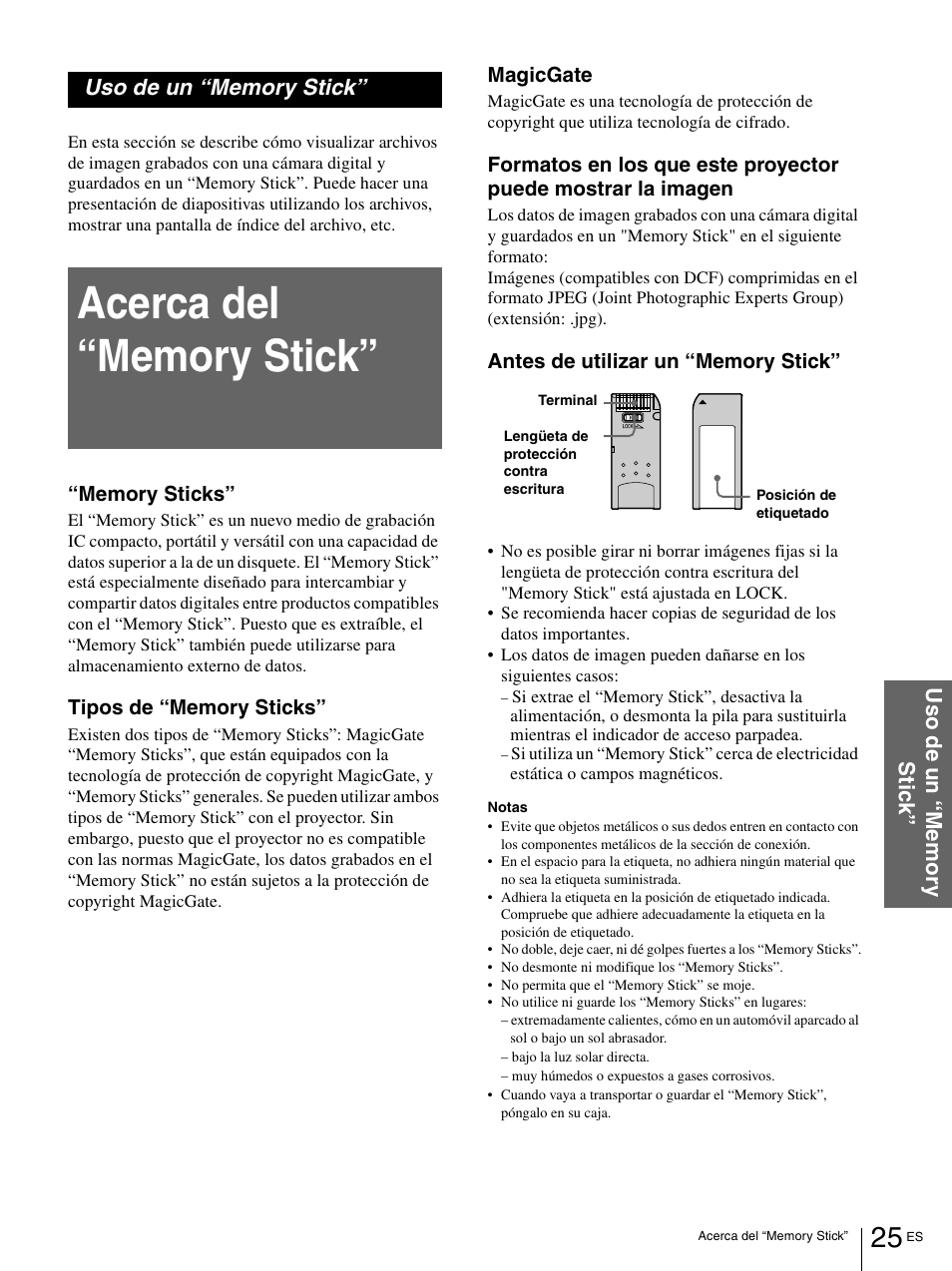 Uso de un “memory stick, Acerca del “memory stick | Sony VPL-HS1 User Manual | Page 121 / 152
