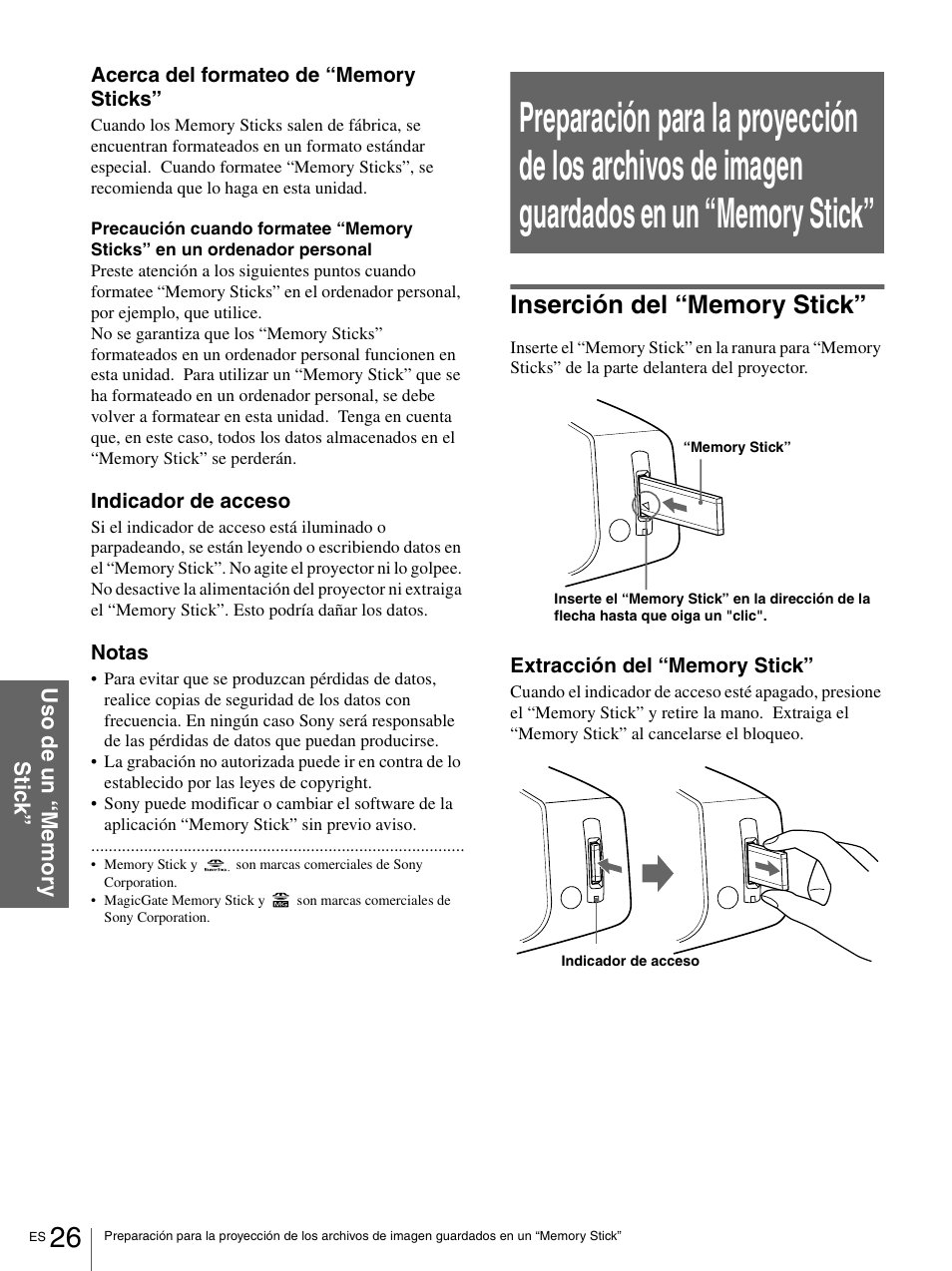 Inserción del “memory stick | Sony VPL-HS1 User Manual | Page 122 / 152