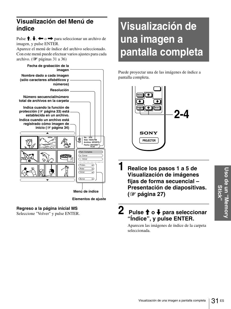 Visualización del menú de índice, Visualización de una imagen a pantalla completa | Sony VPL-HS1 User Manual | Page 127 / 152