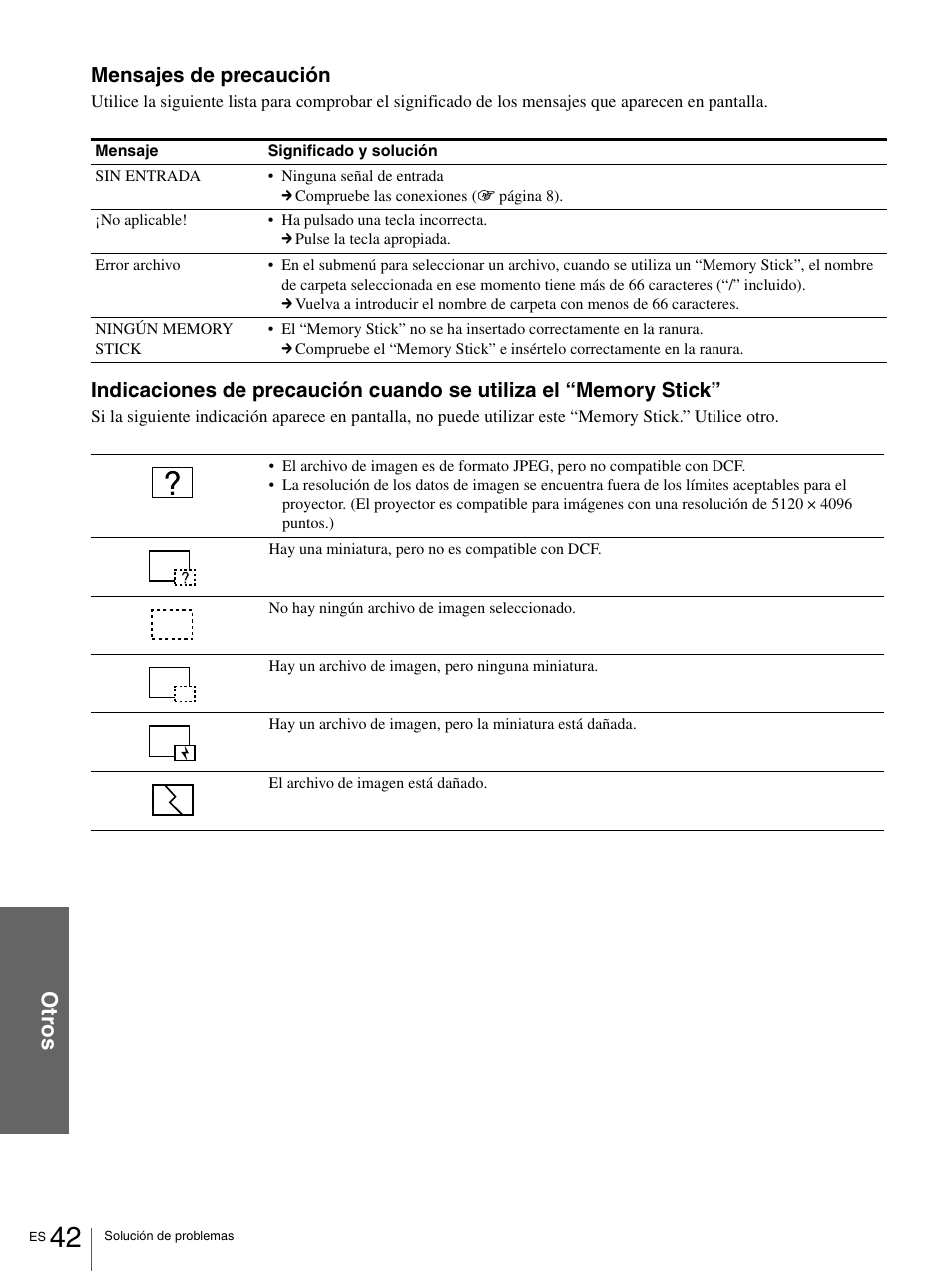 Ot ro s, Mensajes de precaución | Sony VPL-HS1 User Manual | Page 138 / 152