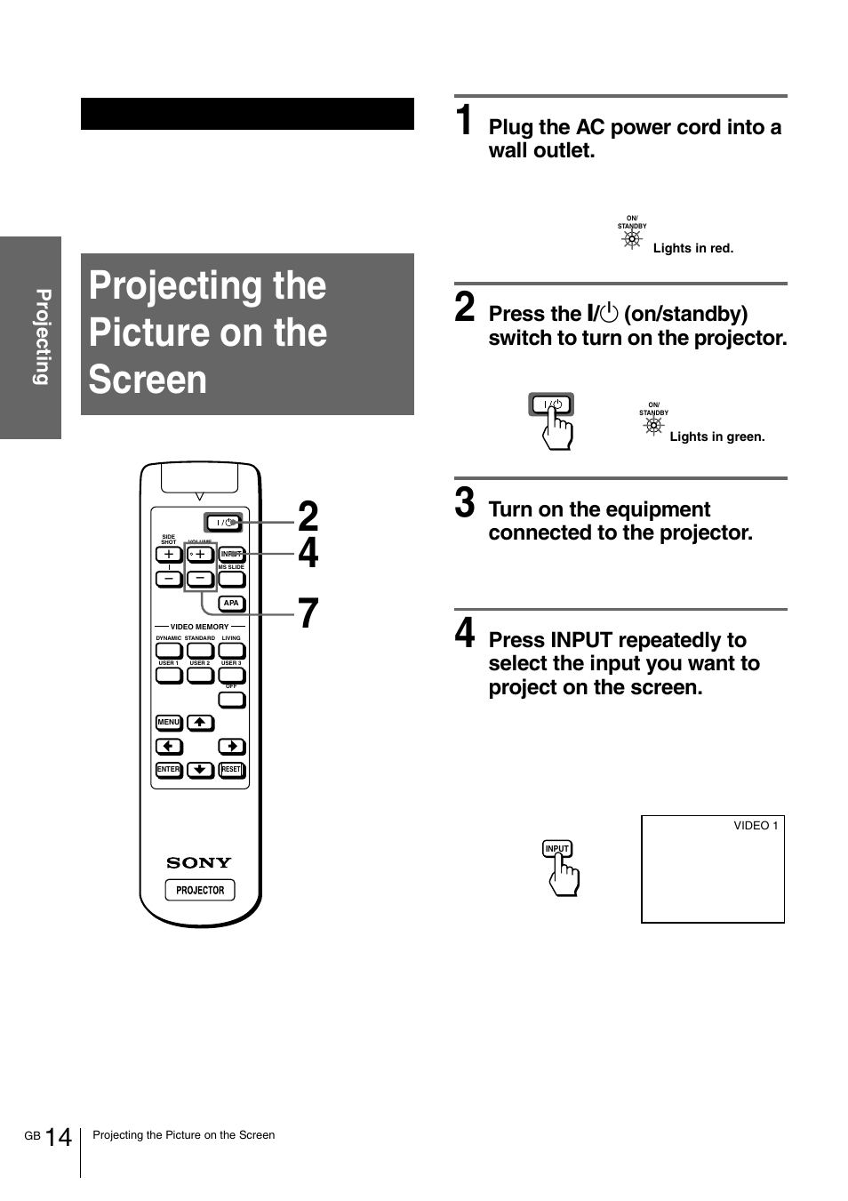 Projecting, Projecting the picture on the screen, Plug the ac power cord into a wall outlet | Turn on the equipment connected to the projector | Sony VPL-HS1 User Manual | Page 14 / 152