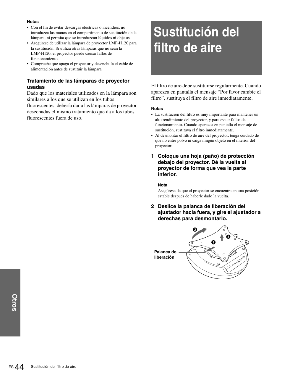 Sustitución del filtro de aire, Ot ro s | Sony VPL-HS1 User Manual | Page 140 / 152