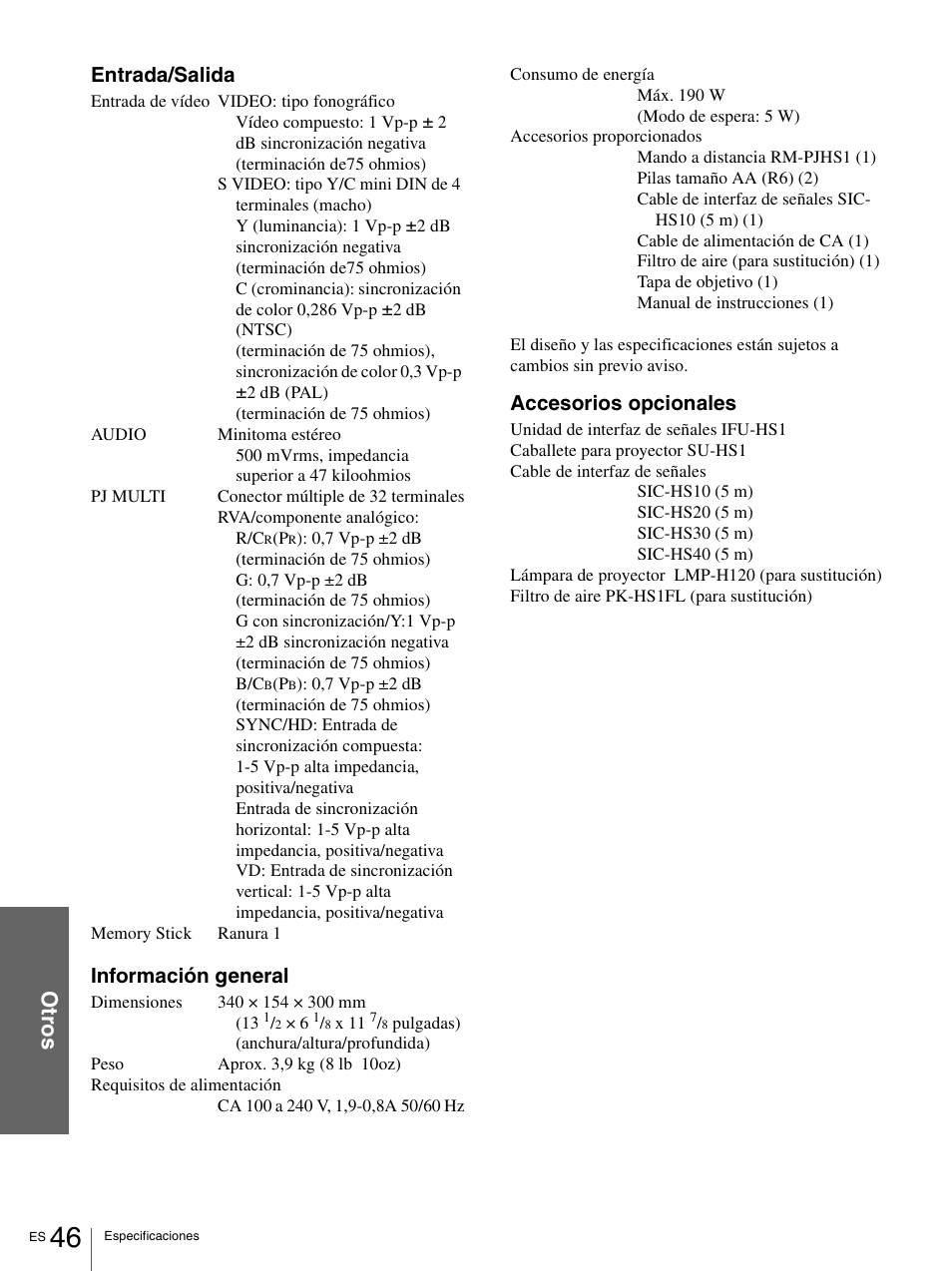 Ot ro s | Sony VPL-HS1 User Manual | Page 142 / 152