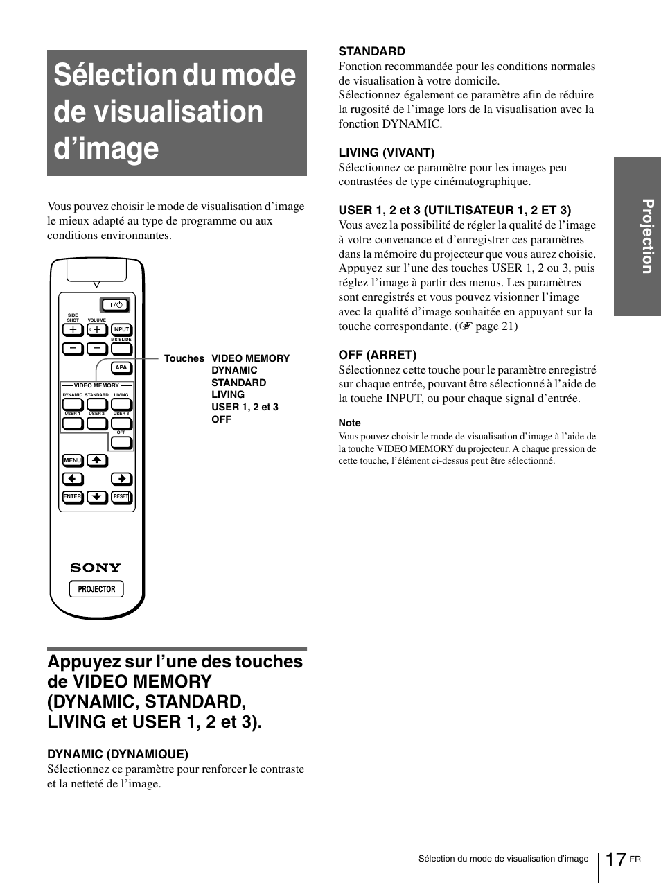 Sélection du mode de visualisation d’image, Pro jecti o n | Sony VPL-HS1 User Manual | Page 63 / 152