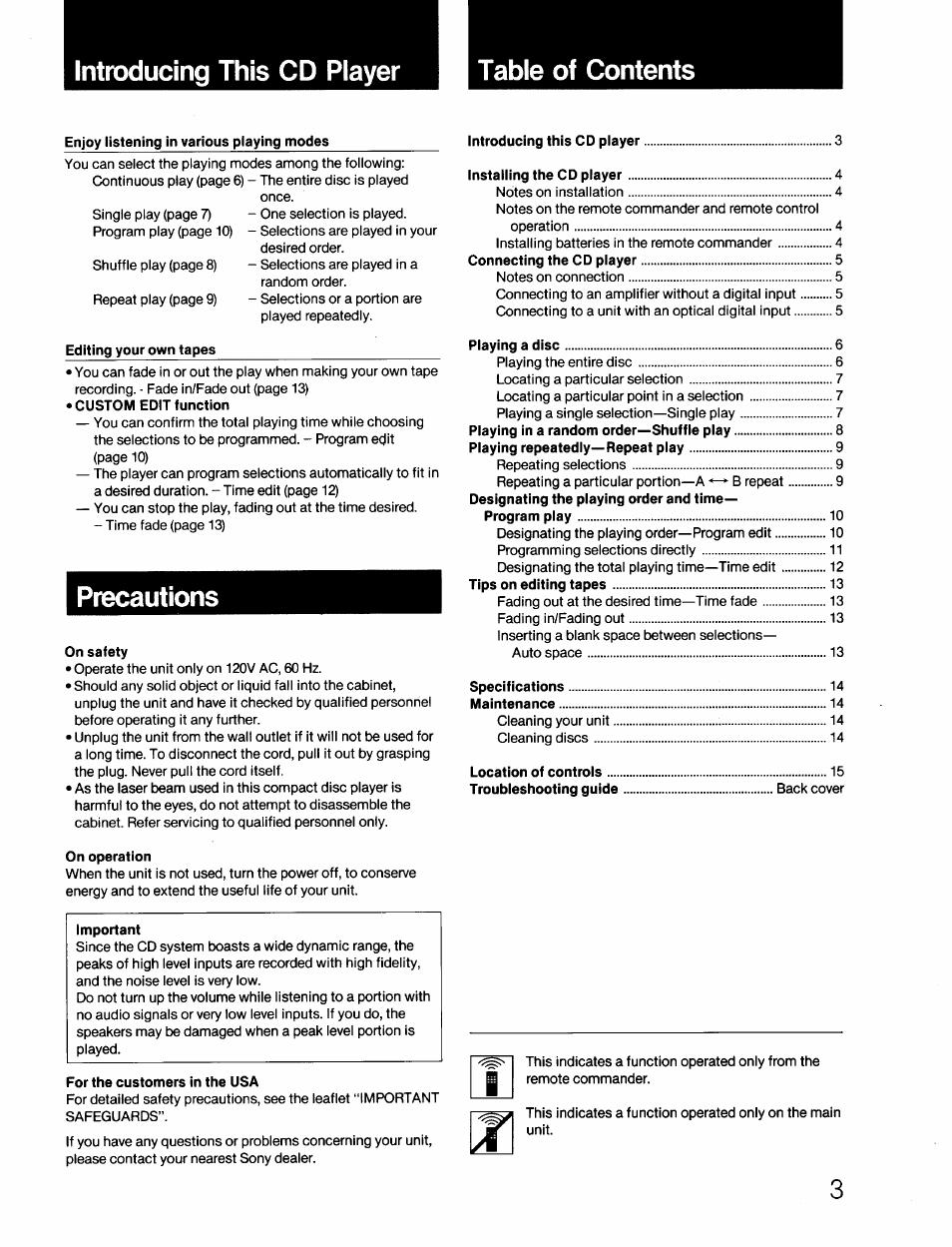 Introducing this cd player table of contents, Precautions | Sony CDP-670 User Manual | Page 3 / 16